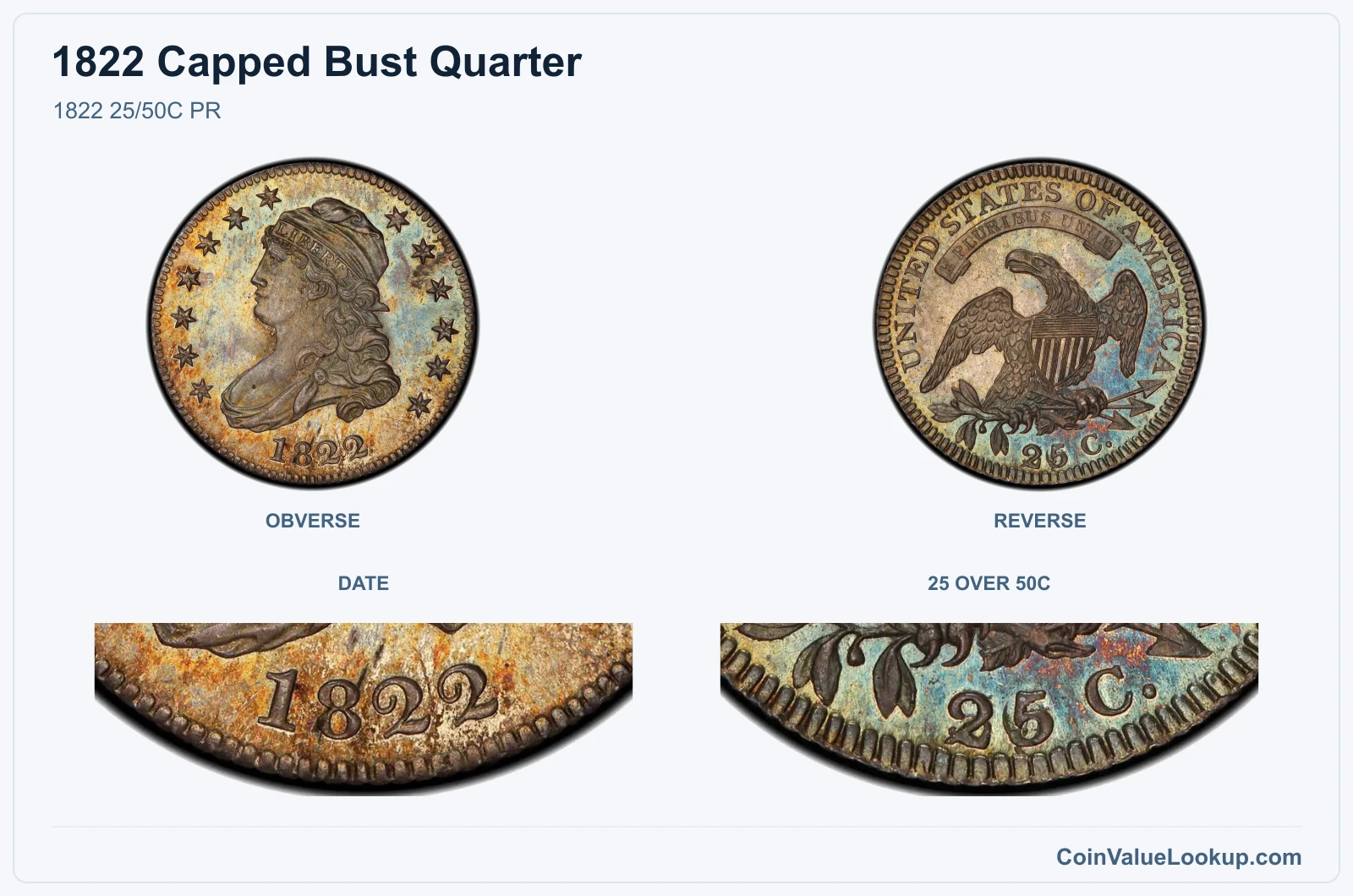 1822 25/50C PR real specimen with date, 25 over 50c closeups