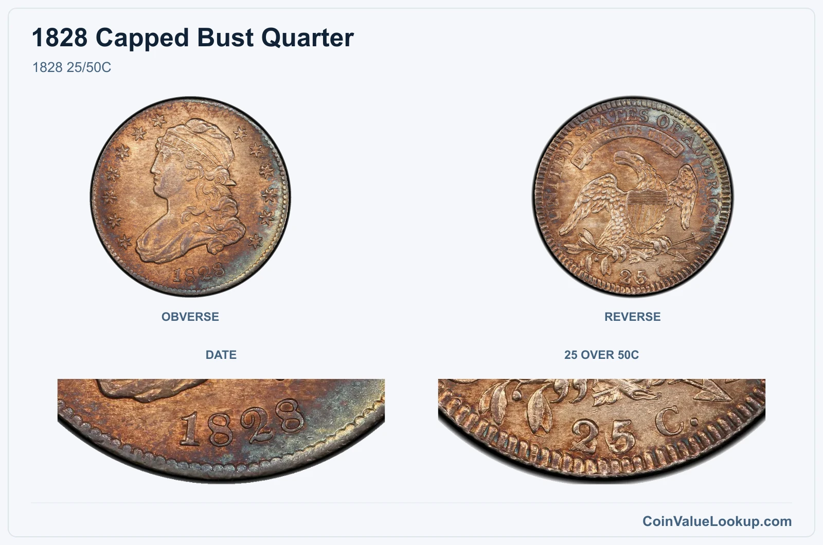 1828 25/50C real specimen with date, 25 over 50c closeups