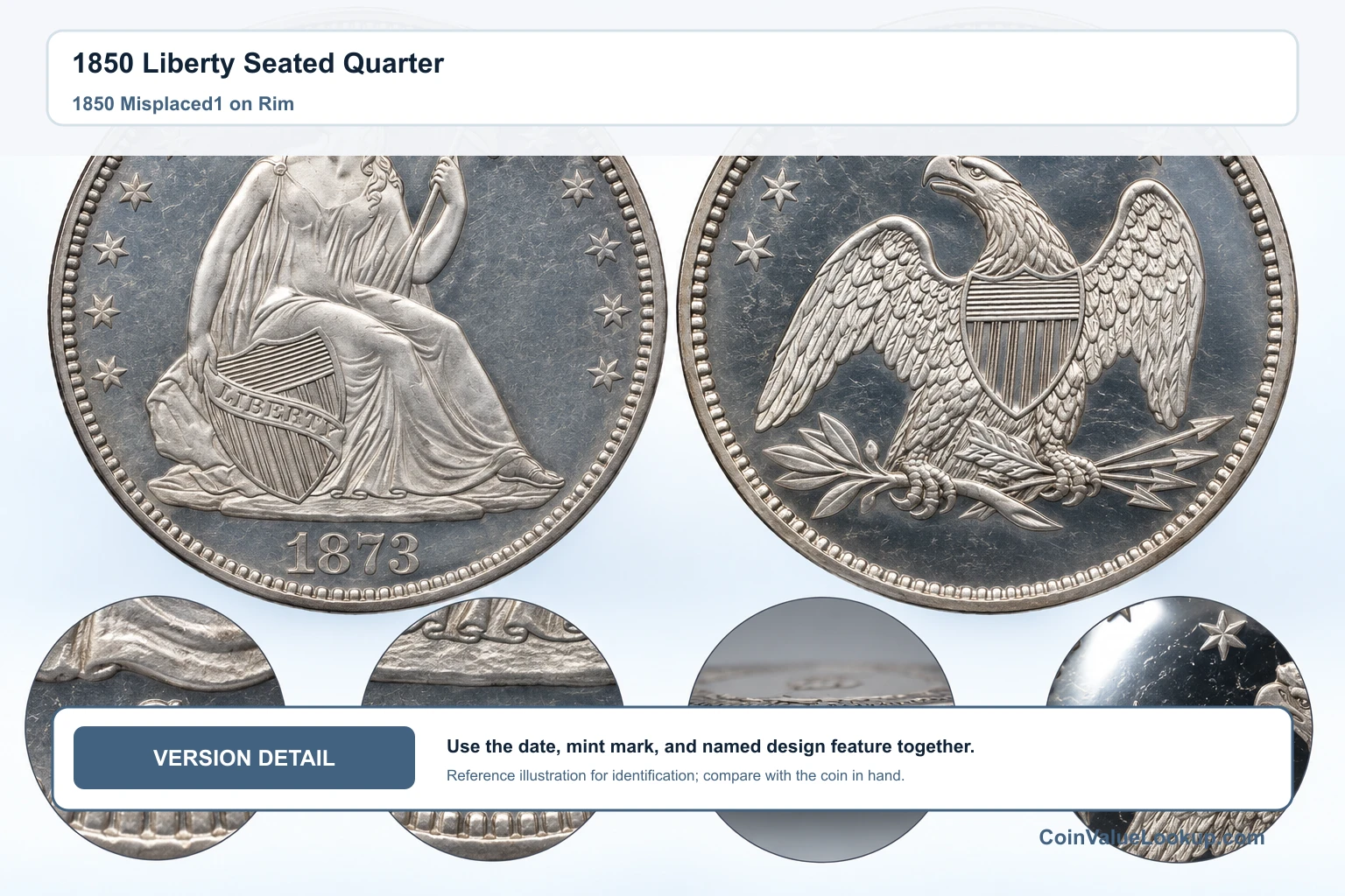 1850 Liberty Seated Quarter — 1850 Misplaced1 on Rim