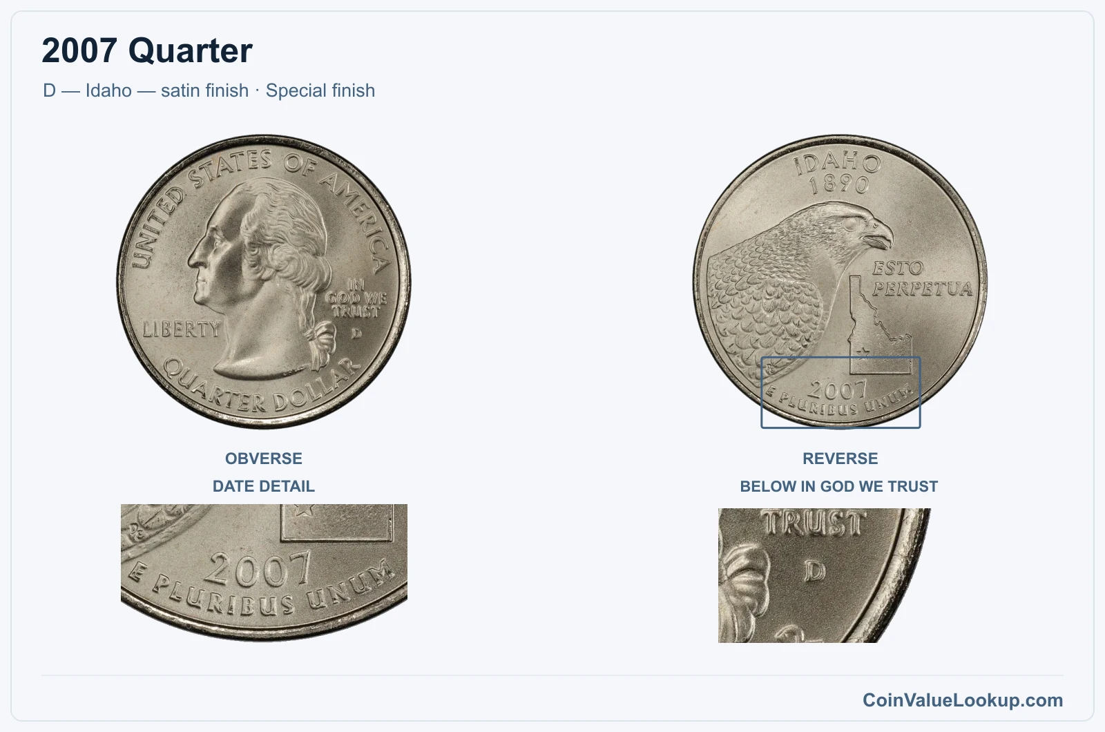 2007 Quarter Coin — D — Idaho — satin finish, obverse and reverse, with date and mint-location details