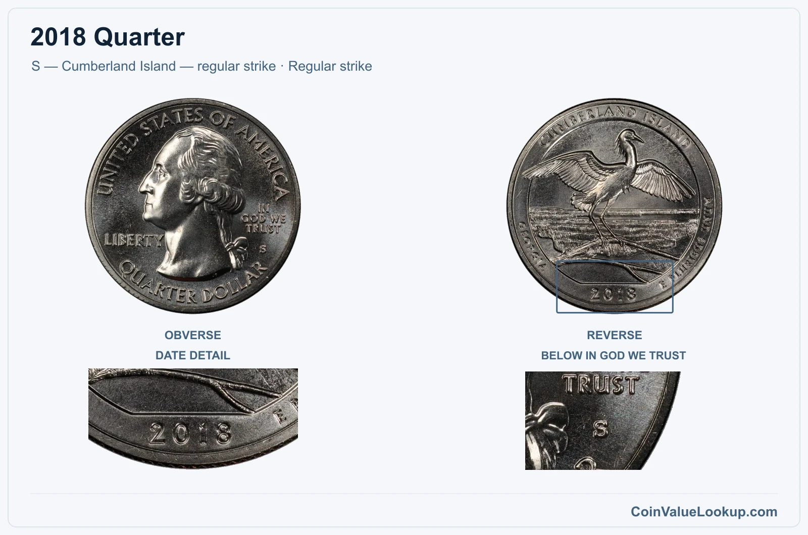 2018 Quarter Coin — S — Cumberland Island — regular strike, obverse and reverse, with date and mint-location details