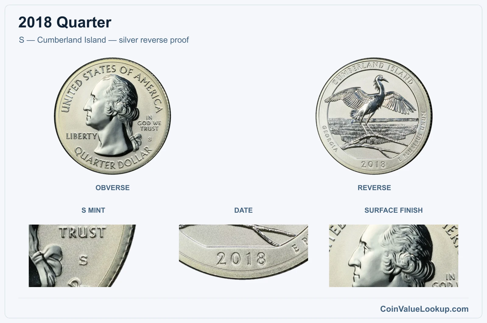 S — Cumberland Island — silver reverse proof real specimen with s mint, date, surface finish closeups
