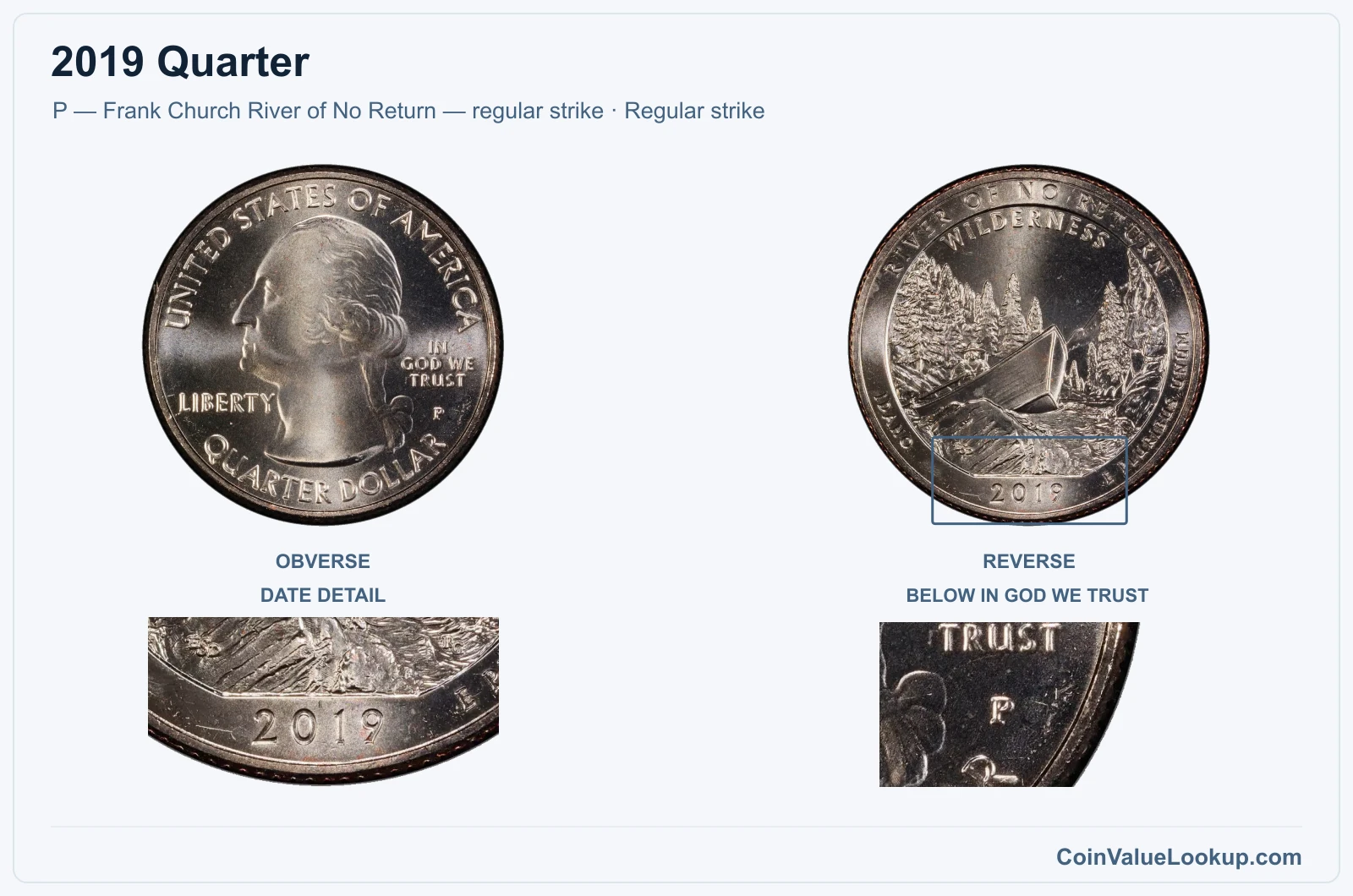2019 Quarter Coin — P — Frank Church River of No Return — regular strike, obverse and reverse, with date and mint-location details