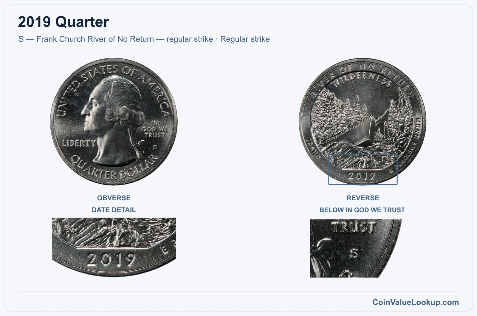 2019 Quarter Coin — S — Frank Church River of No Return — regular strike, obverse and reverse, with date and mint-location details