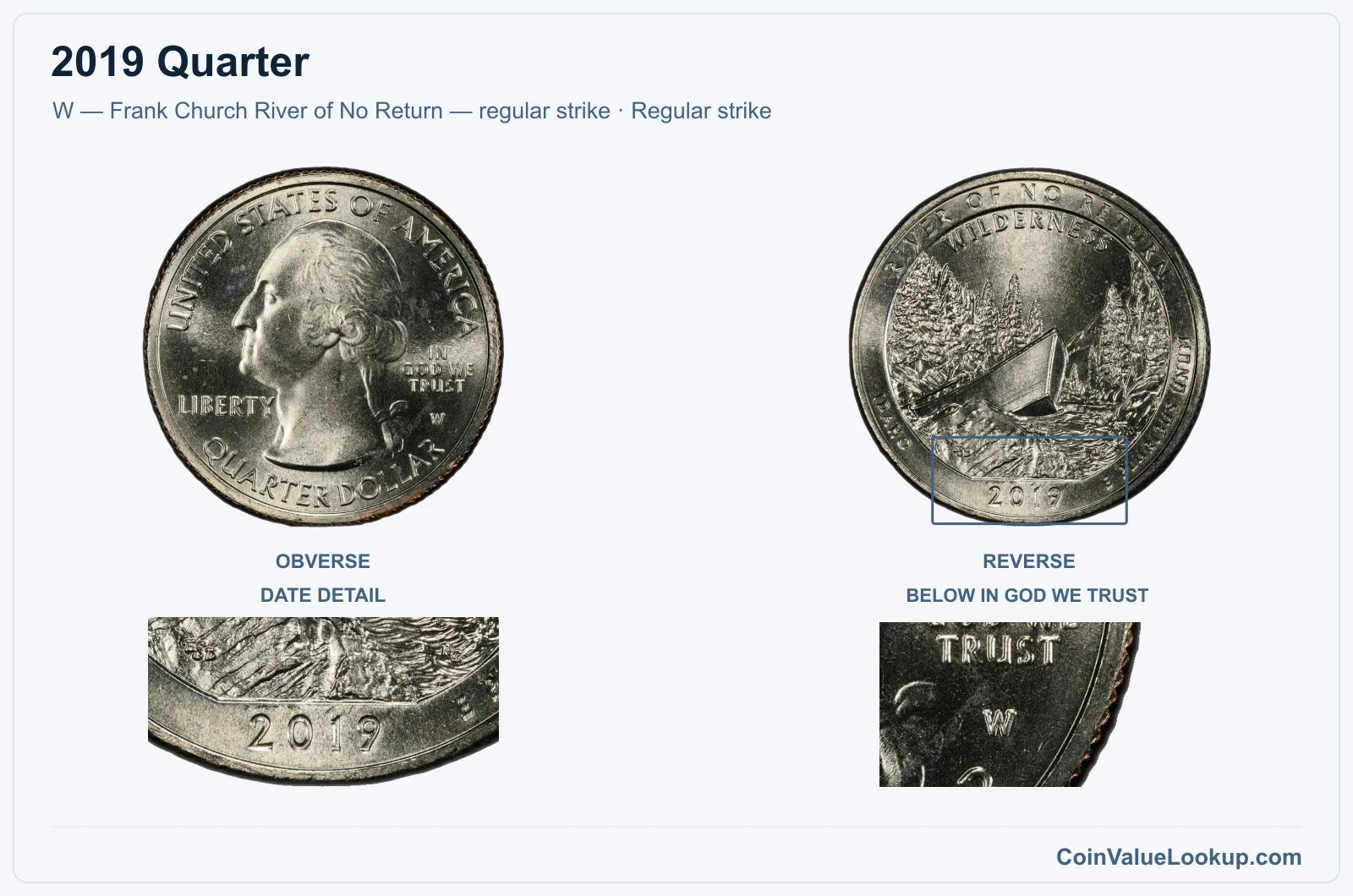 2019 Quarter Coin — W — Frank Church River of No Return — regular strike, obverse and reverse, with date and mint-location details