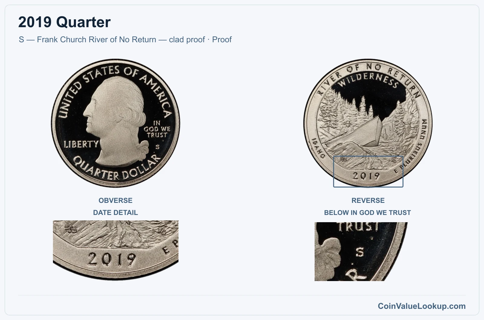2019 Quarter Coin — S — Frank Church River of No Return — clad proof, obverse and reverse, with date and mint-location details