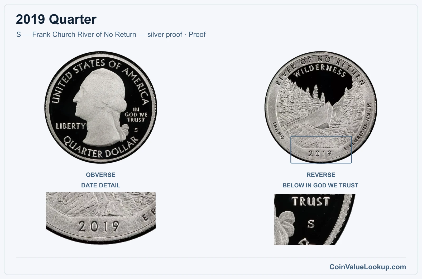2019 Quarter Coin — S — Frank Church River of No Return — silver proof, obverse and reverse, with date and mint-location details