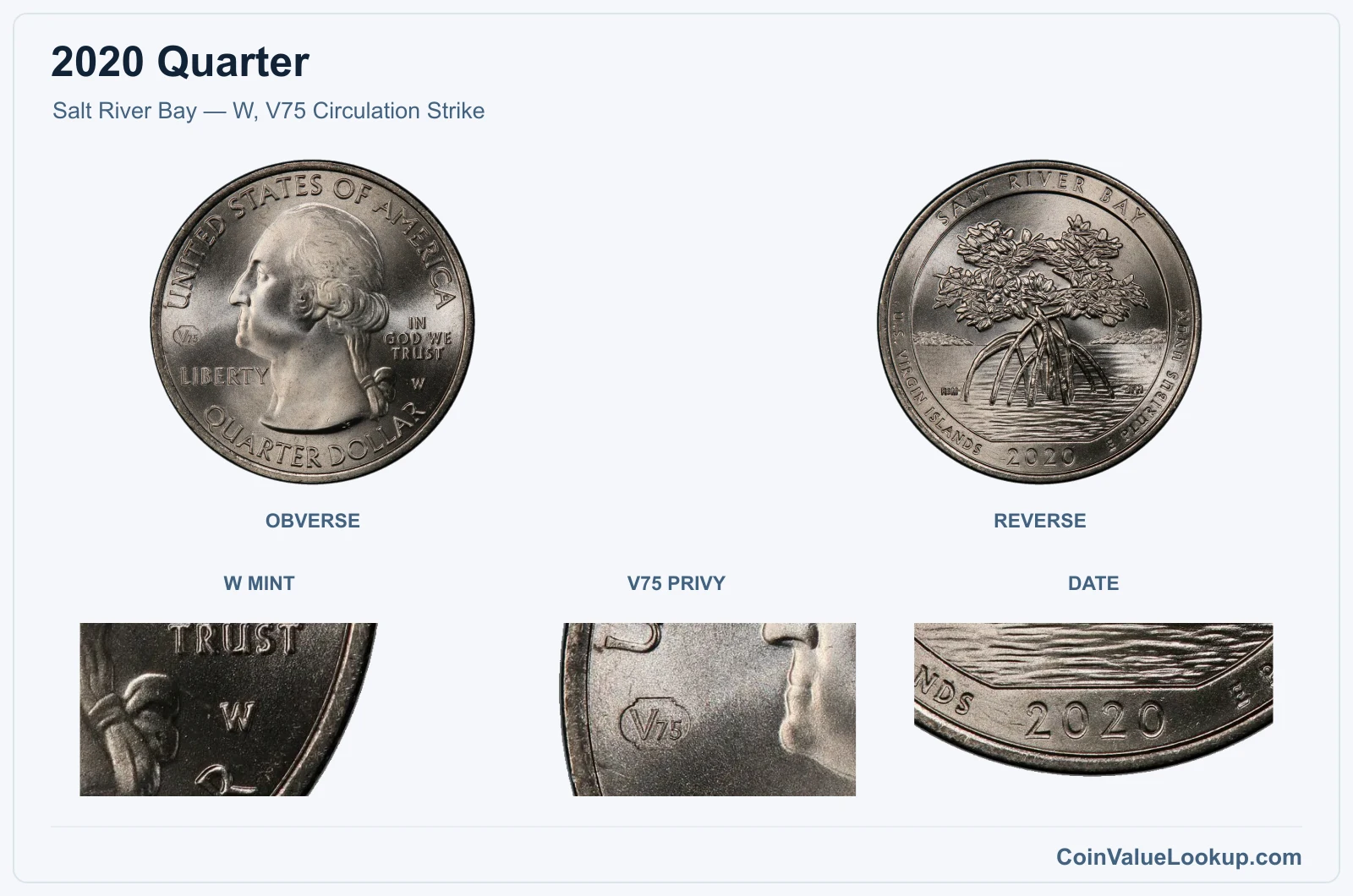 Salt River Bay — W, V75 Circulation Strike real specimen with w mint, v75 privy, date closeups