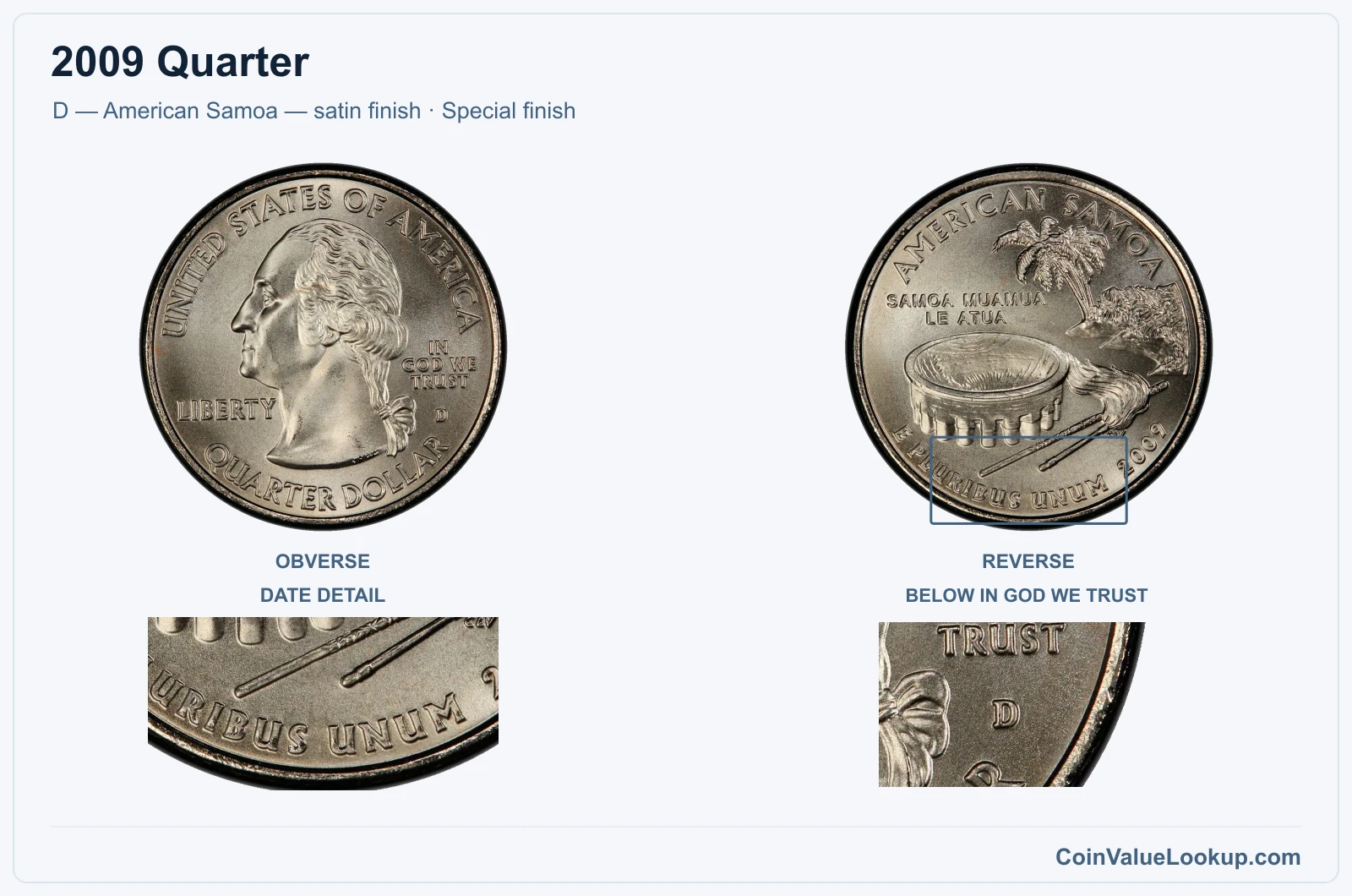 2009 Quarter Coin — D — American Samoa — satin finish, obverse and reverse, with date and mint-location details