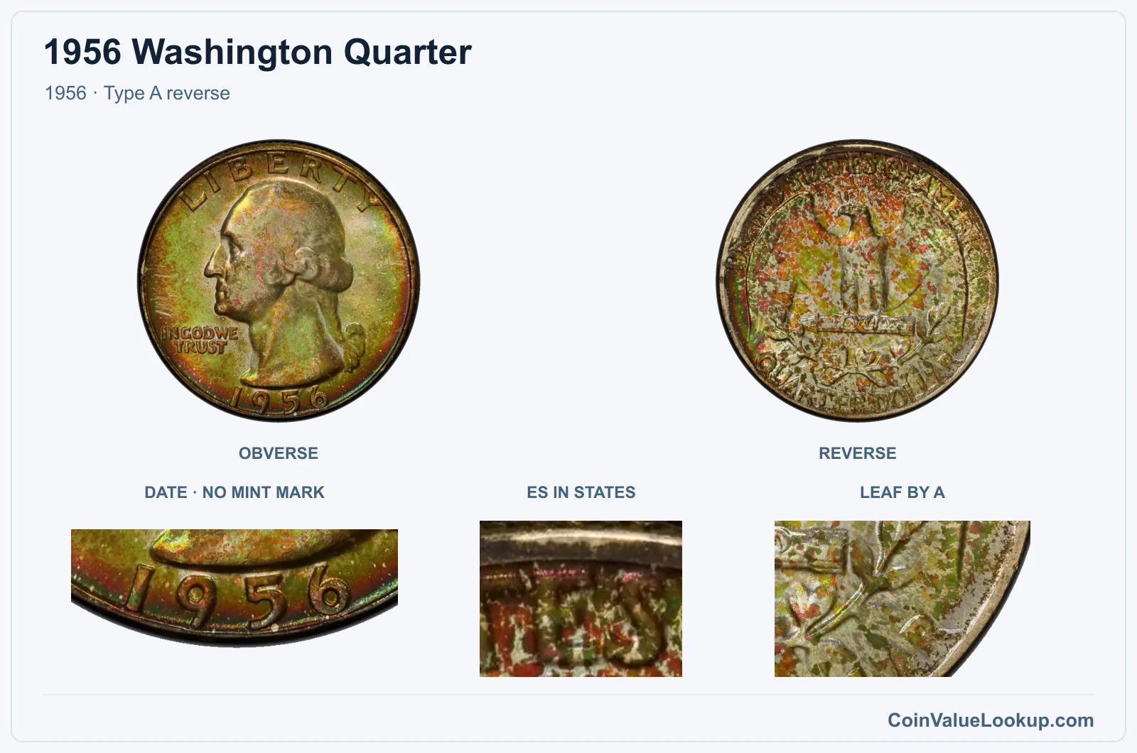 1956 Washington quarter Type A reverse with ES and leaf diagnostic crops
