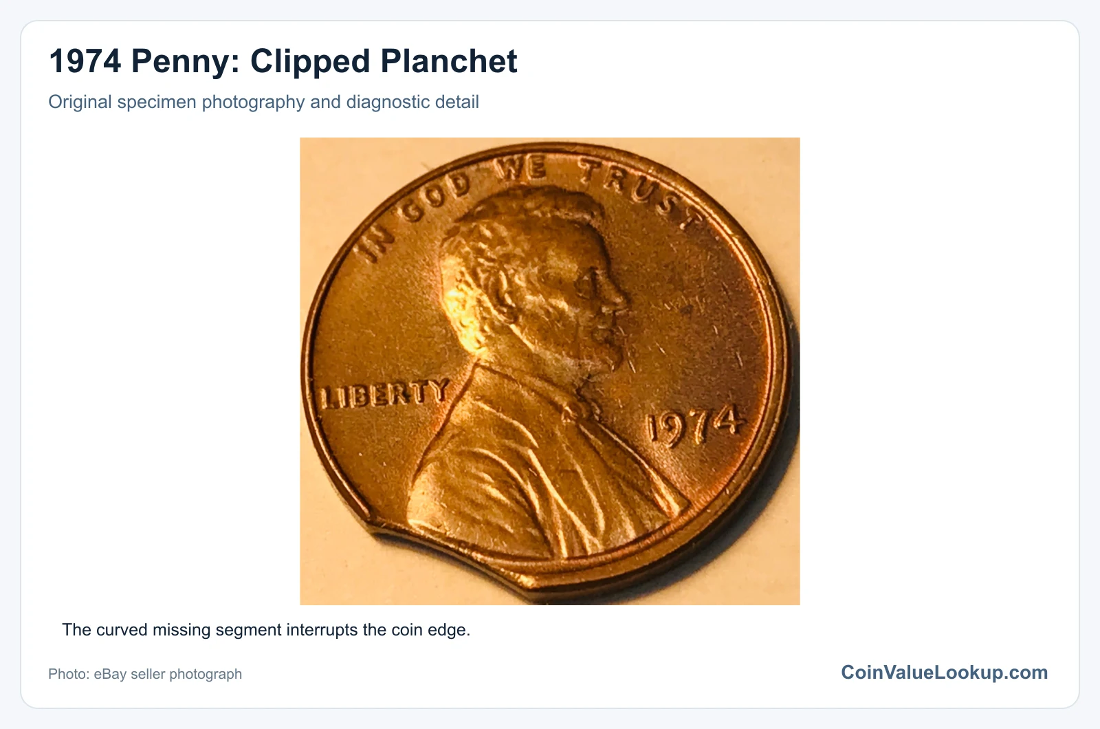 1974 Penny: Clipped Planchet with diagnostic detail