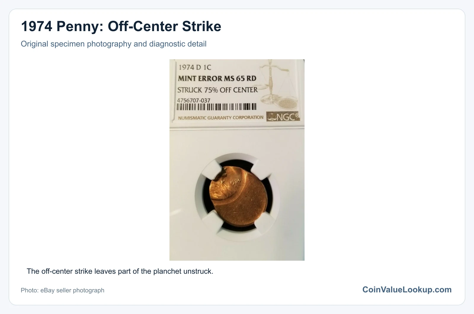 1974 Penny: Off-Center Strike with diagnostic detail