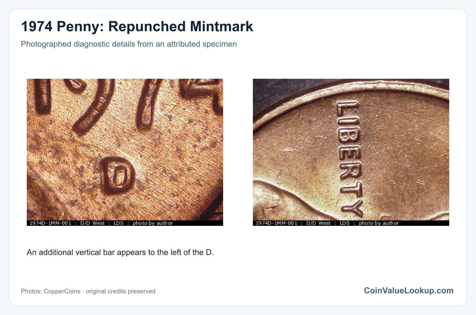 1974 Penny: Repunched Mintmark with diagnostic detail