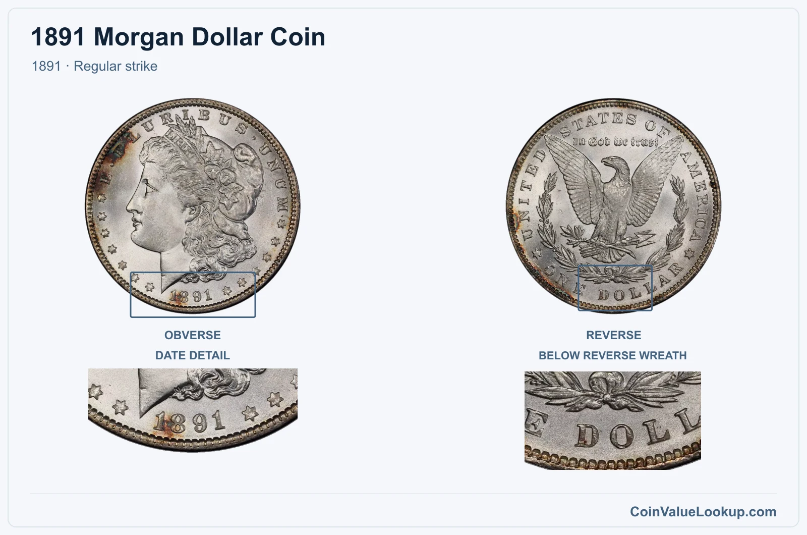 1891 Morgan Silver Dollar Coin — 1891, obverse and reverse, with date and mint-location details
