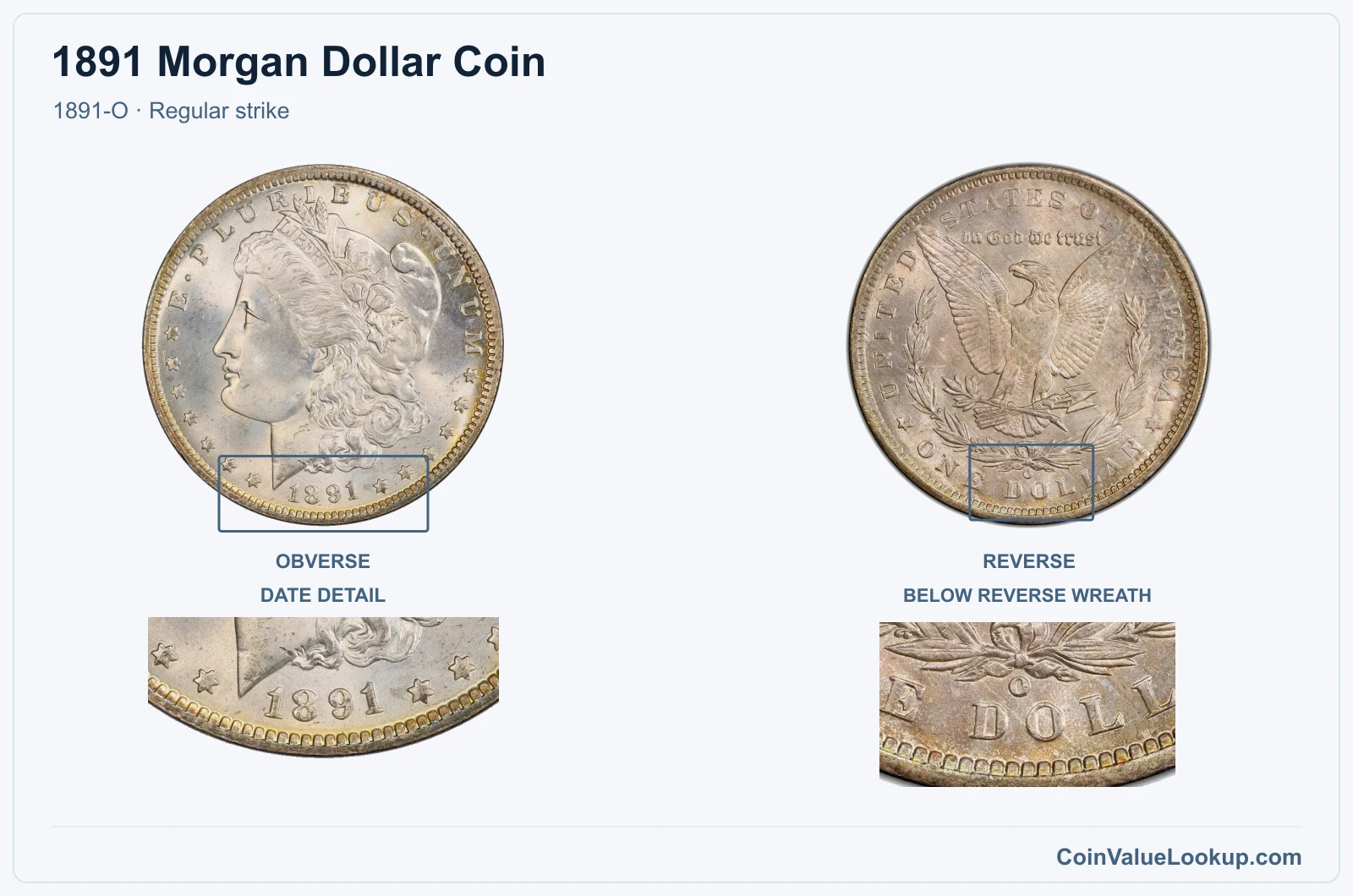 1891 Morgan Silver Dollar Coin — 1891-O, obverse and reverse, with date and mint-location details