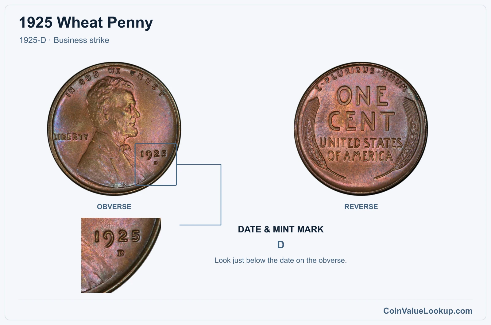 1925 Wheat Penny Coin — 1925-D, obverse and reverse, with date and mint-mark close-up