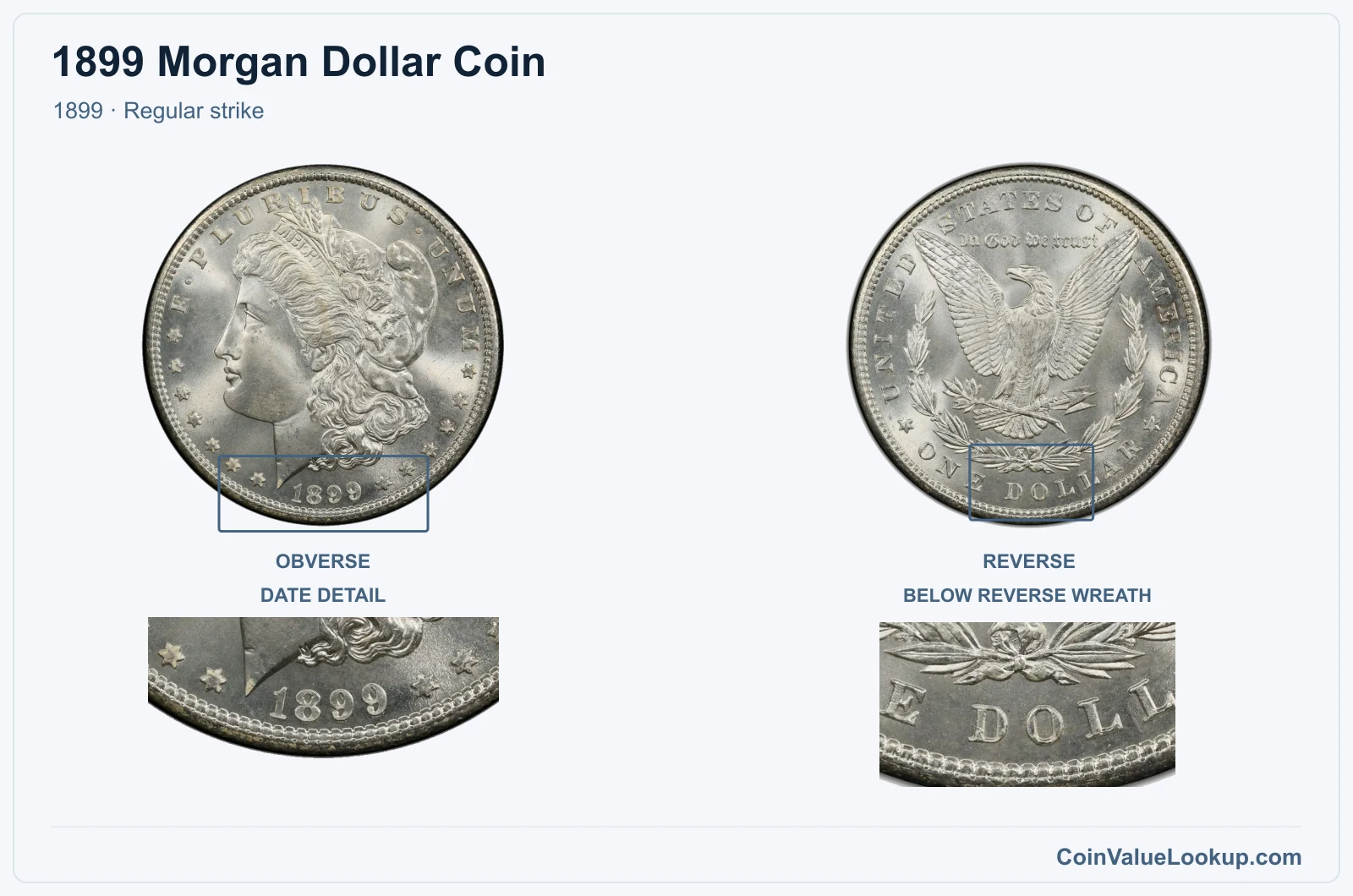 1899 Morgan Silver Dollar Coin — 1899, obverse and reverse, with date and mint-location details