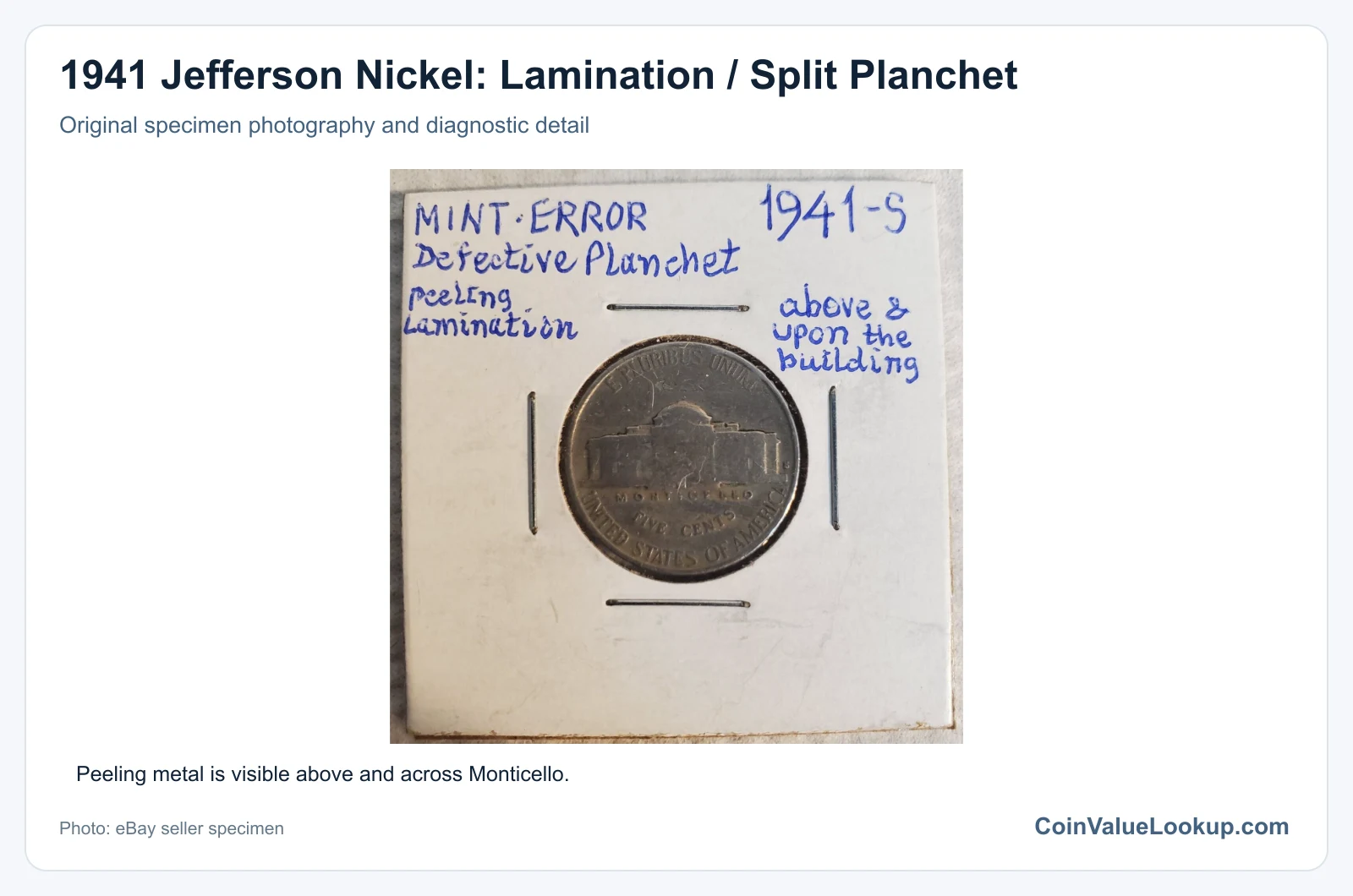 1941 Jefferson Nickel: Lamination / Split Planchet with diagnostic detail