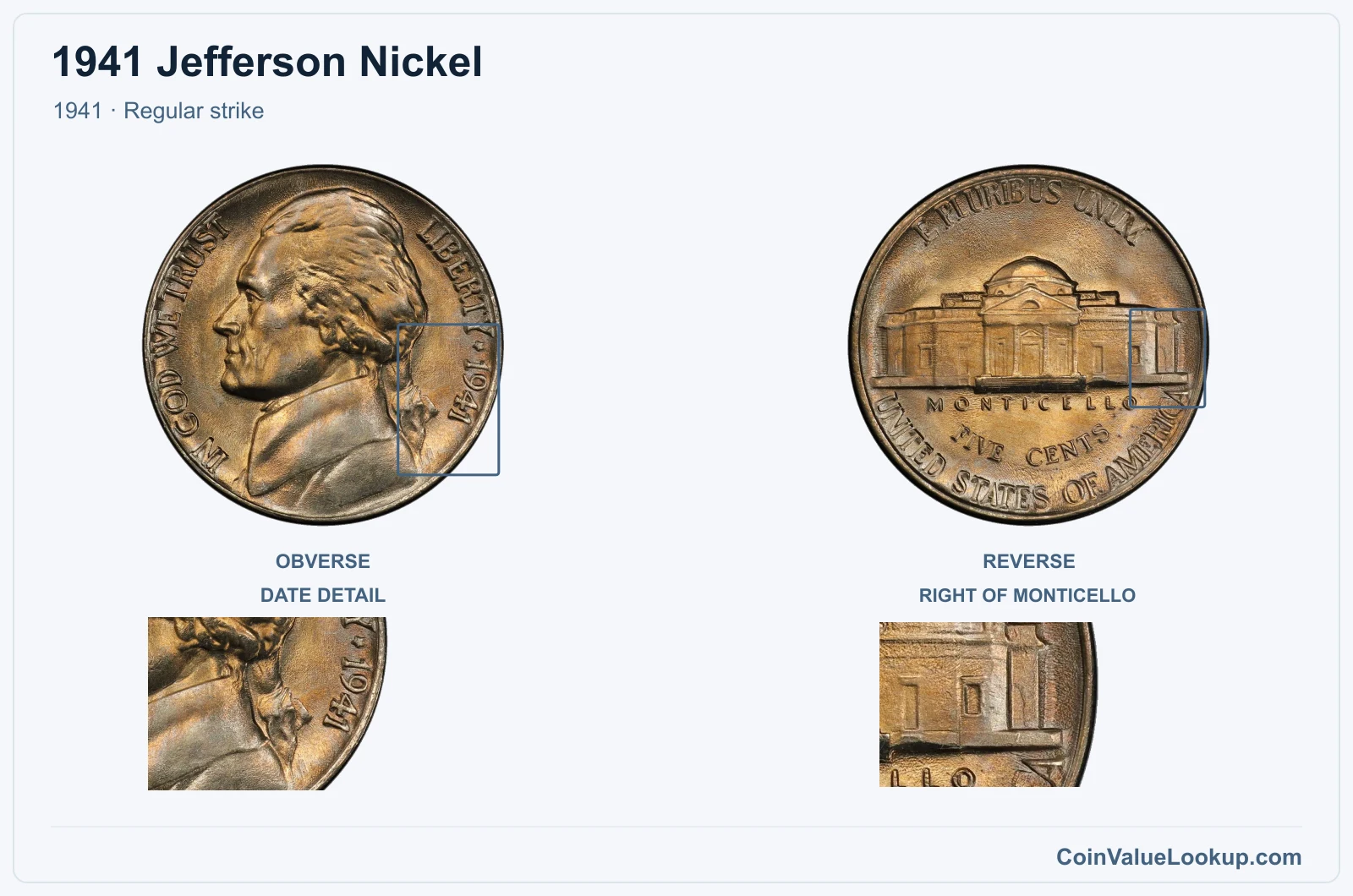 1941 Jefferson Nickel Coin — 1941, obverse and reverse, with date and mint-location details