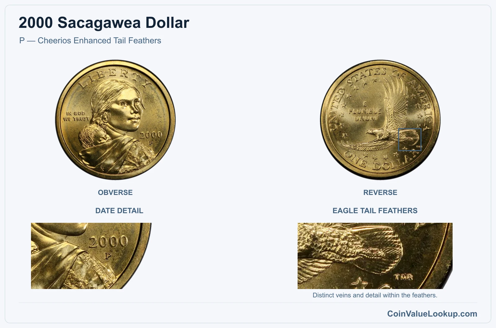 2000 Sacagawea Dollar P — Cheerios Enhanced Tail Feathers, with eagle tail feathers