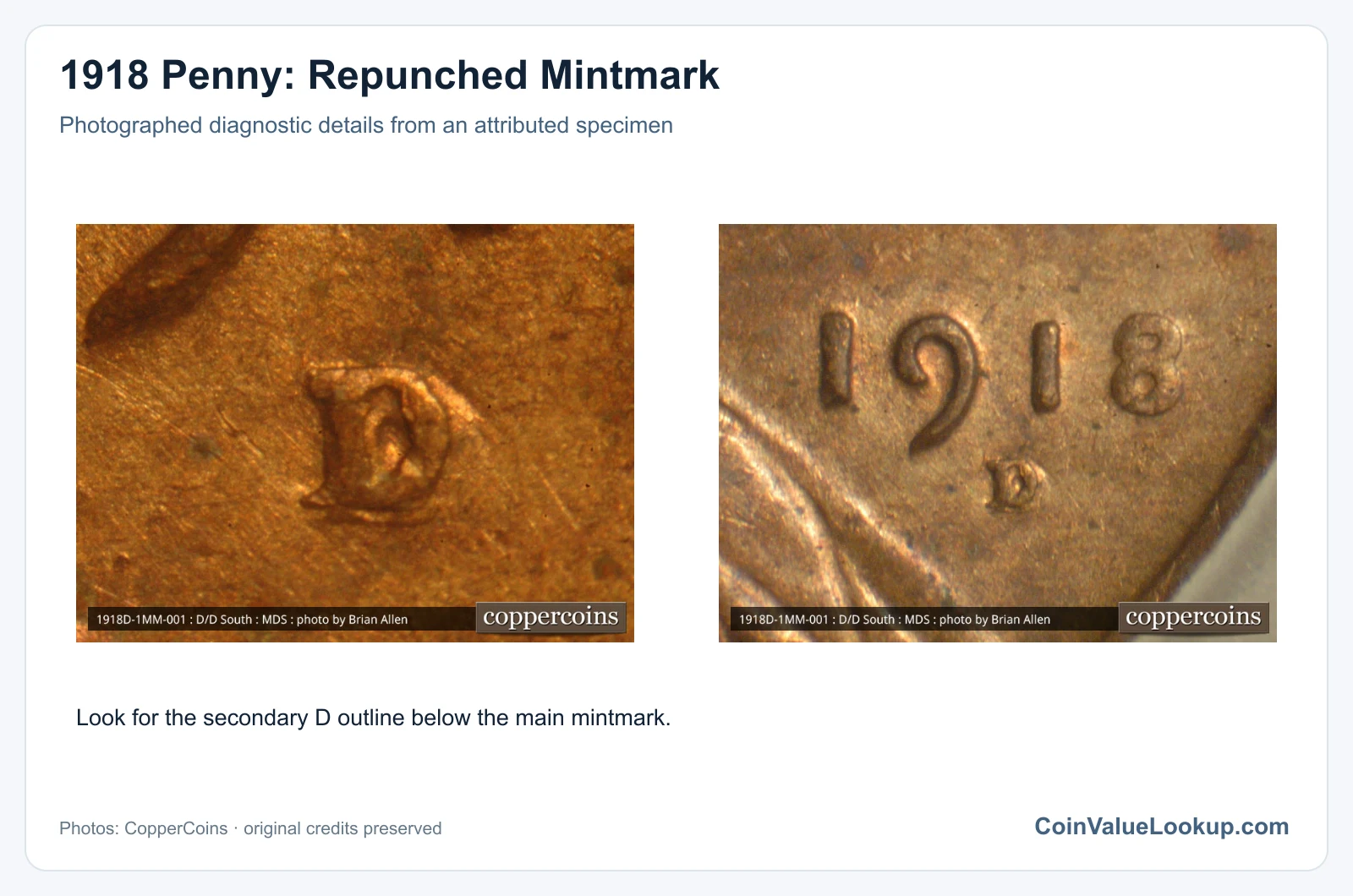 1918 Penny: Repunched Mintmark with diagnostic detail