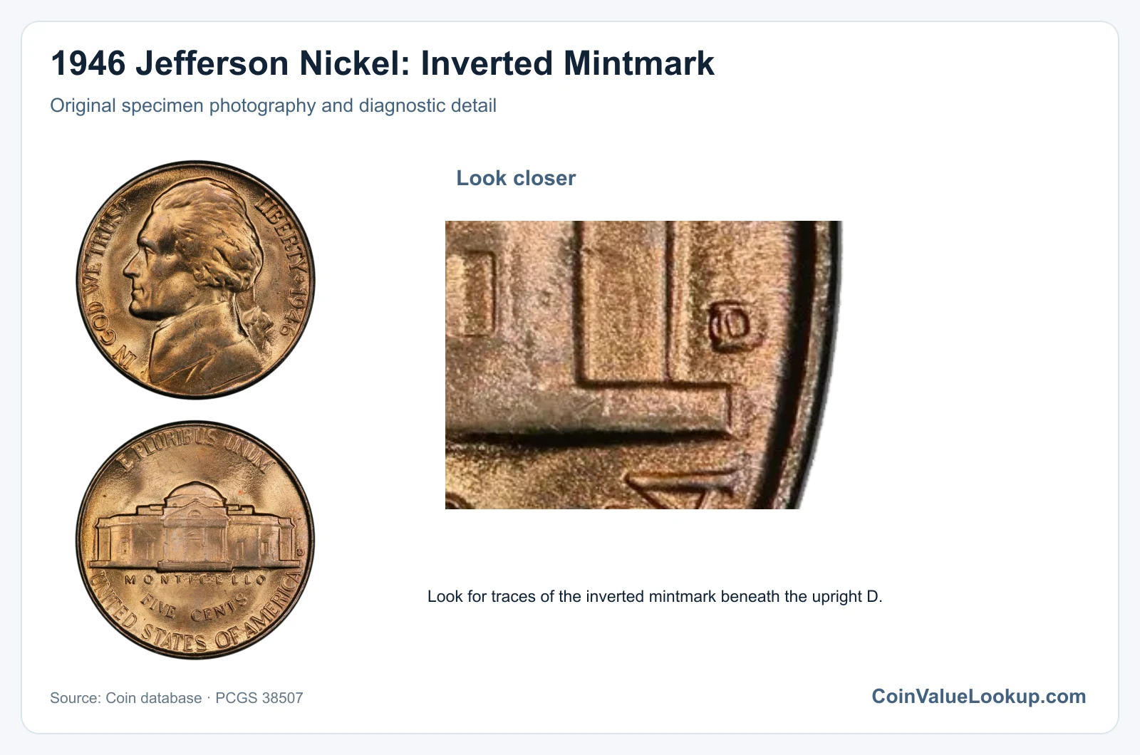 1946 Jefferson Nickel: Inverted Mintmark with diagnostic detail