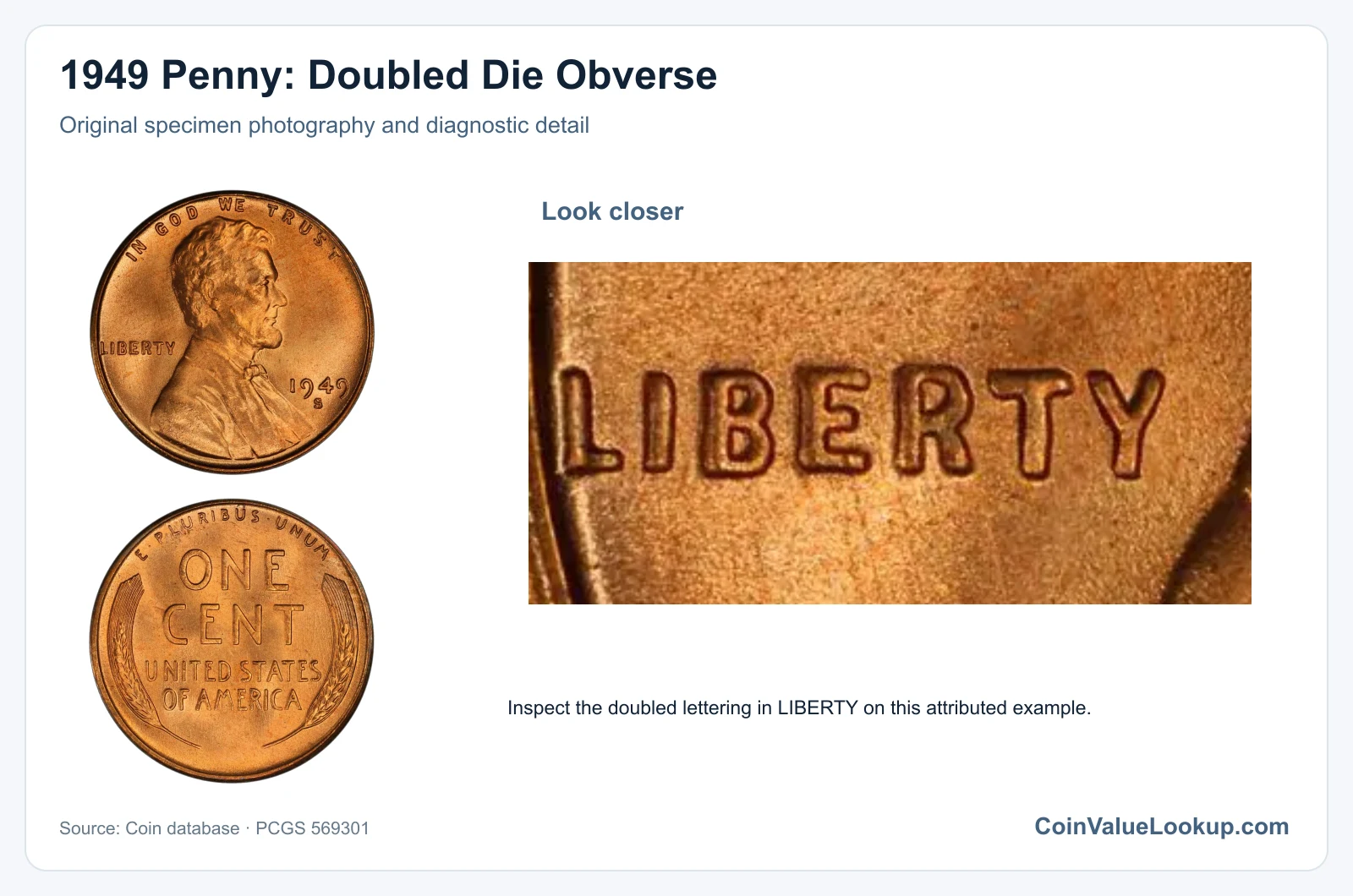 1949 Penny: Doubled Die Obverse with diagnostic detail