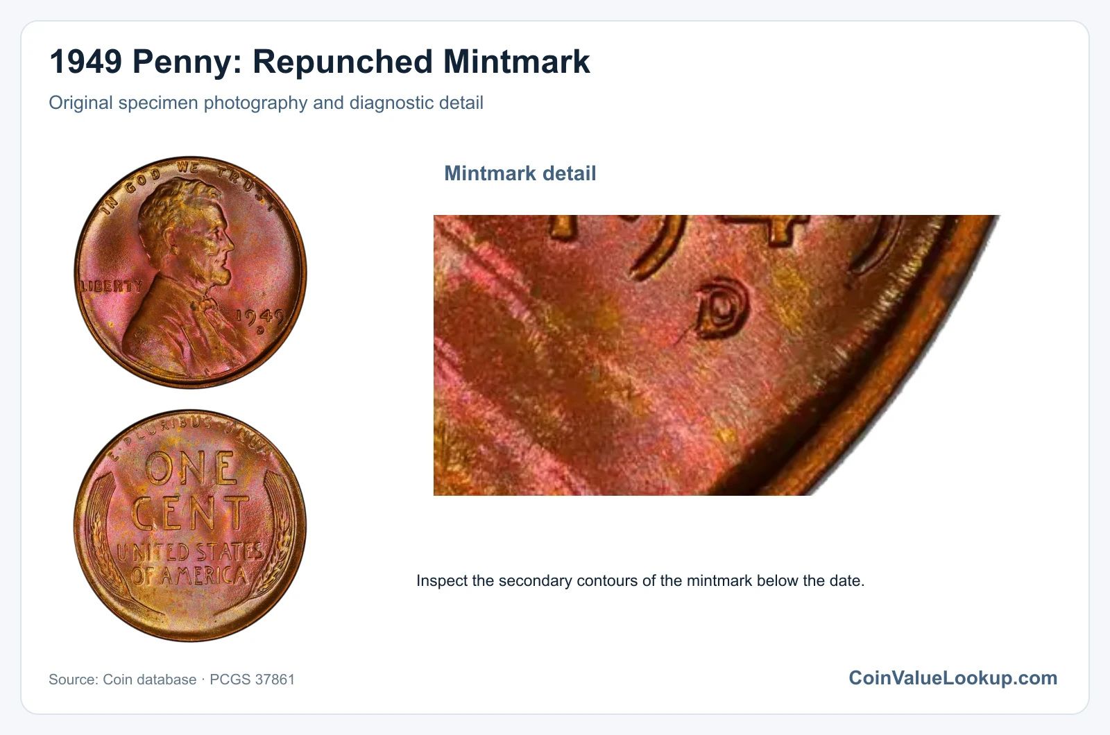 1949 Penny: Repunched Mintmark with diagnostic detail