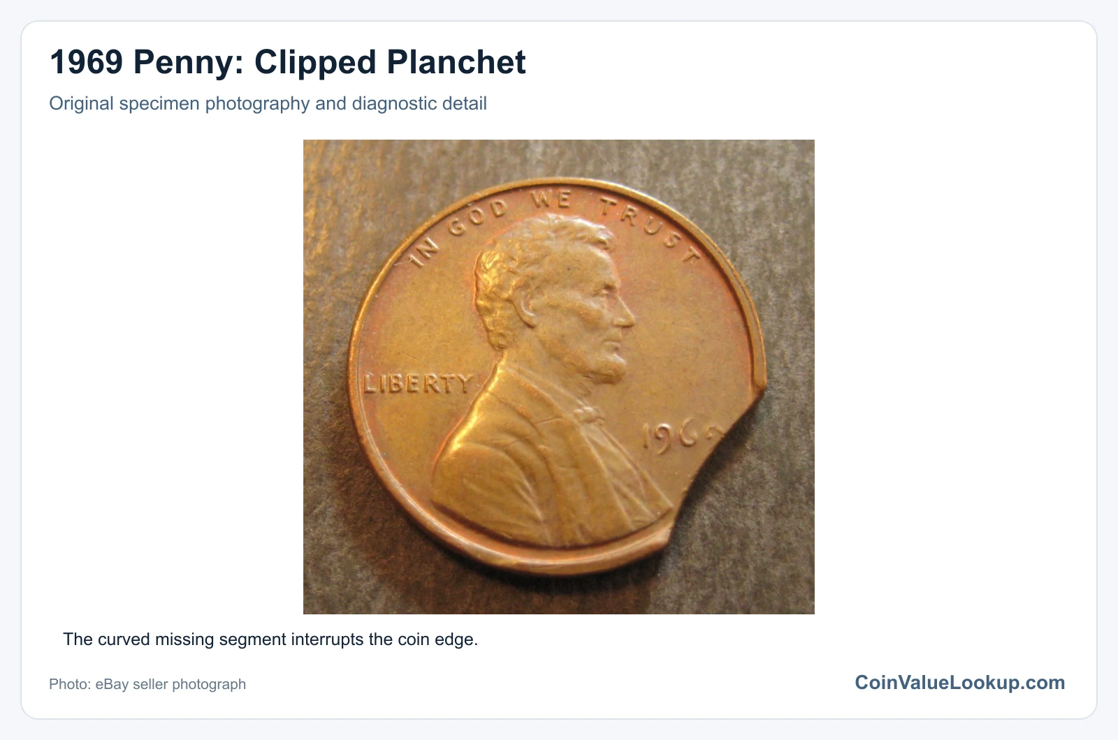1969 Penny: Clipped Planchet with diagnostic detail