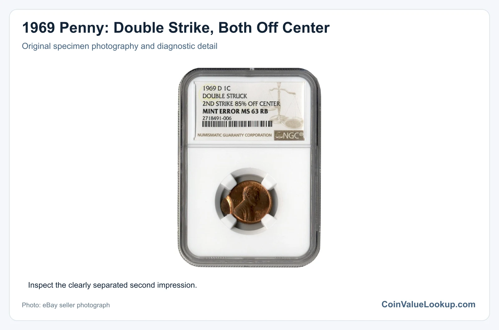 1969 Penny: Double Strike, Both Off Center with diagnostic detail