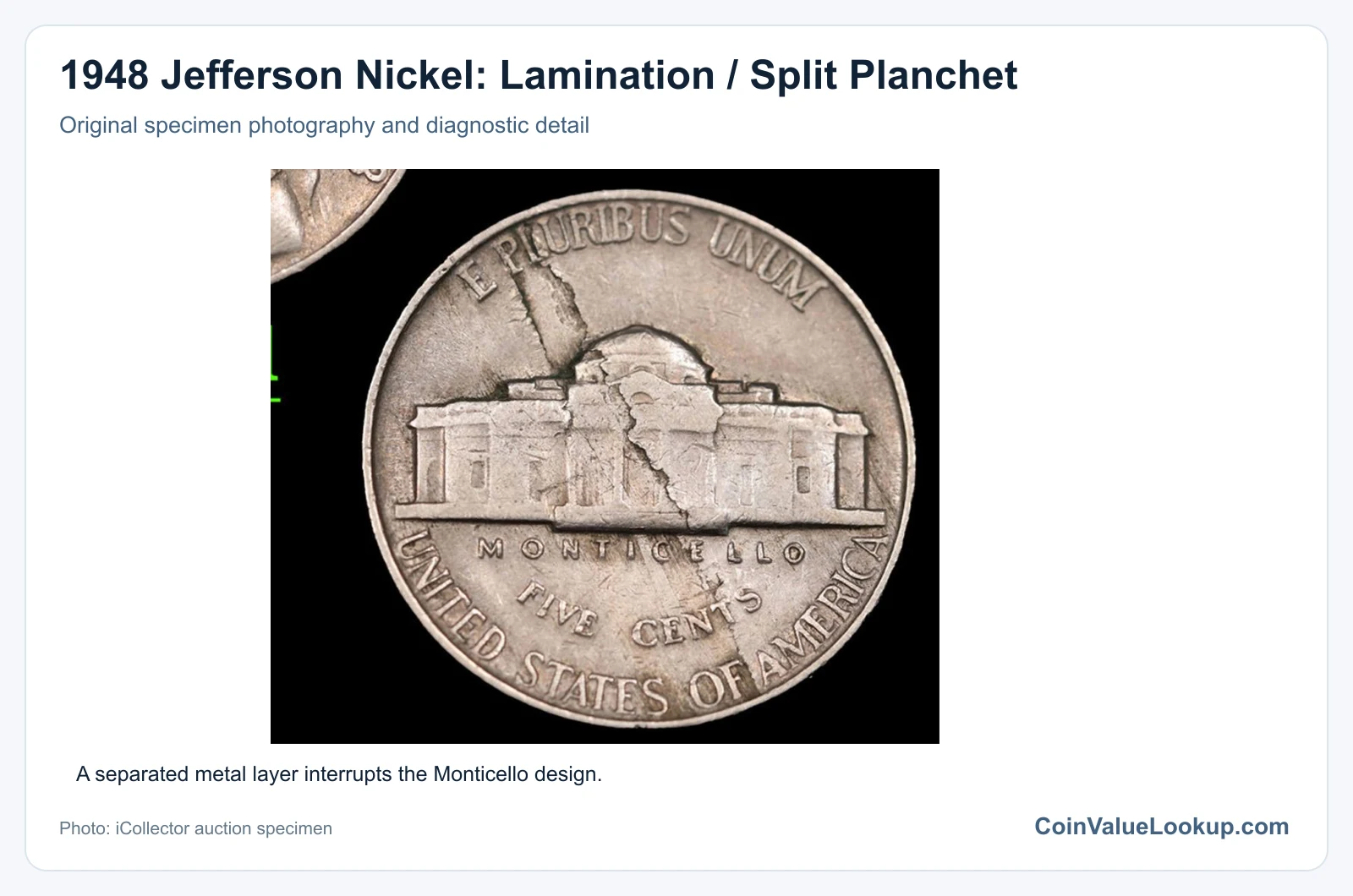 1948 Jefferson Nickel: Lamination / Split Planchet with diagnostic detail