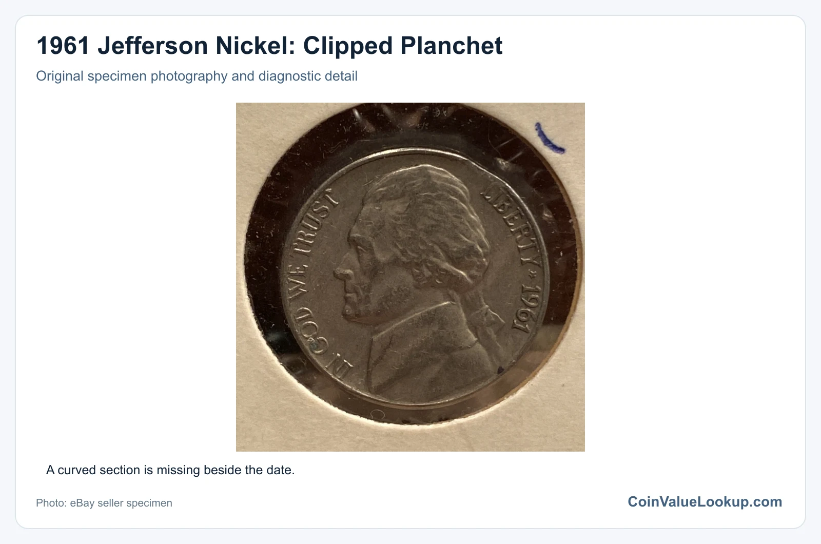 1961 Jefferson Nickel: Clipped Planchet with diagnostic detail