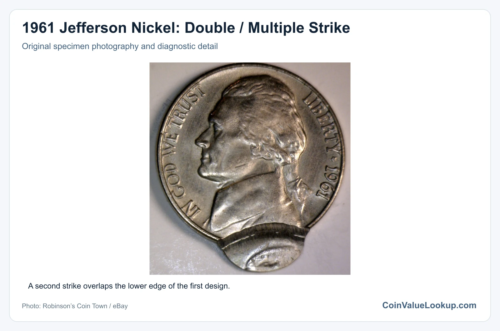 1961 Jefferson Nickel: Double / Multiple Strike with diagnostic detail