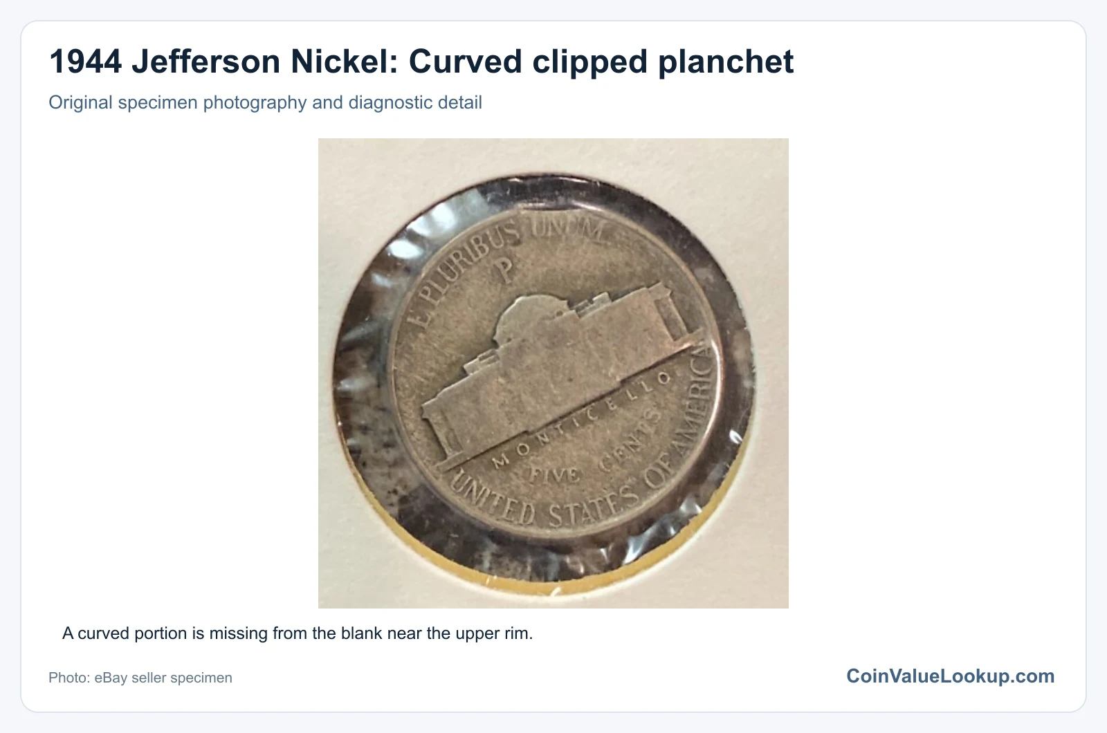 1944 Jefferson Nickel: Curved clipped planchet with diagnostic detail