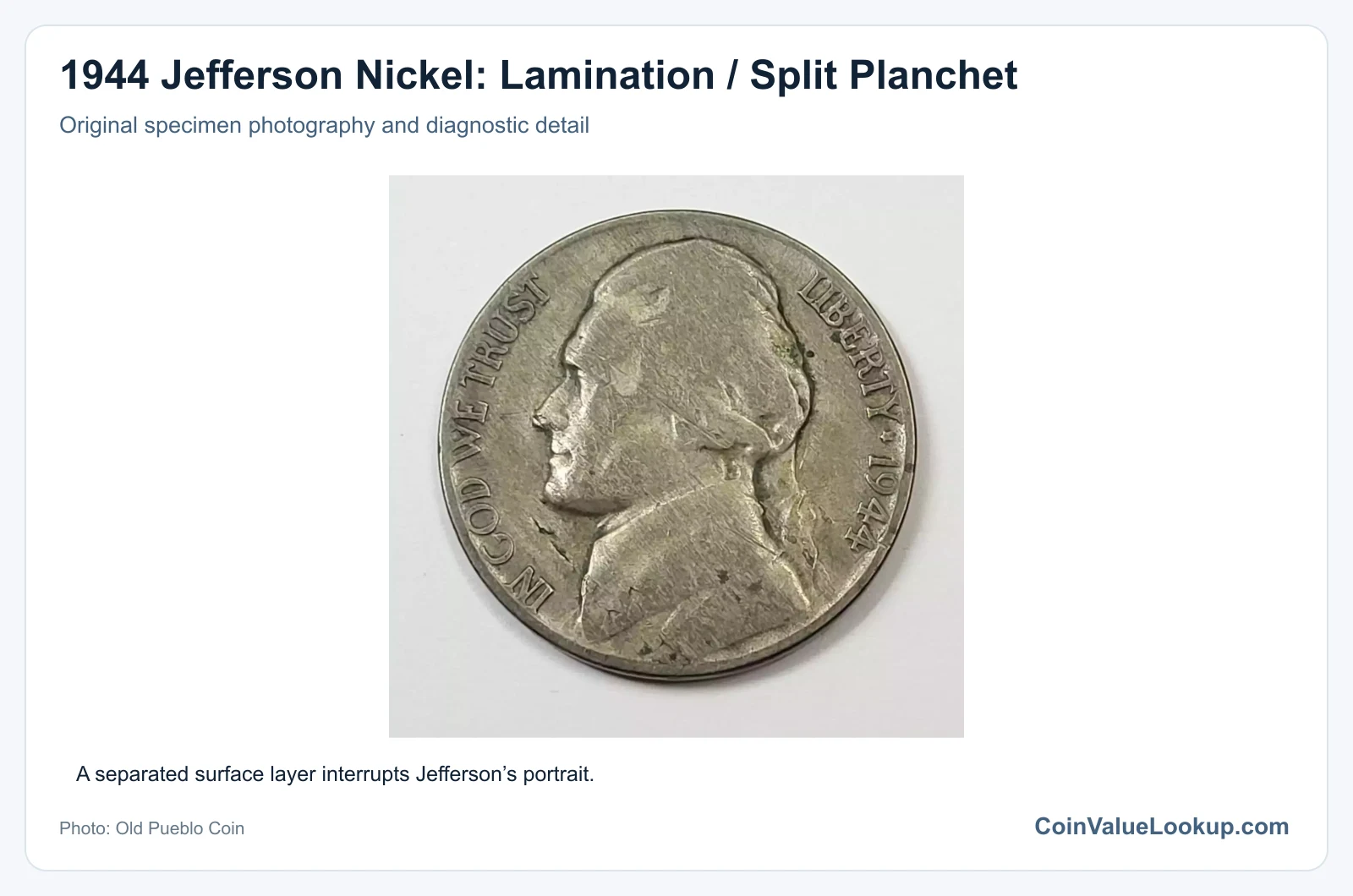 1944 Jefferson Nickel: Lamination / Split Planchet with diagnostic detail