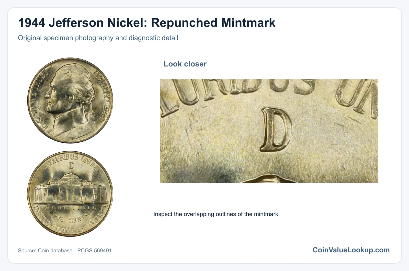 1944 Jefferson Nickel: Repunched Mintmark with diagnostic detail