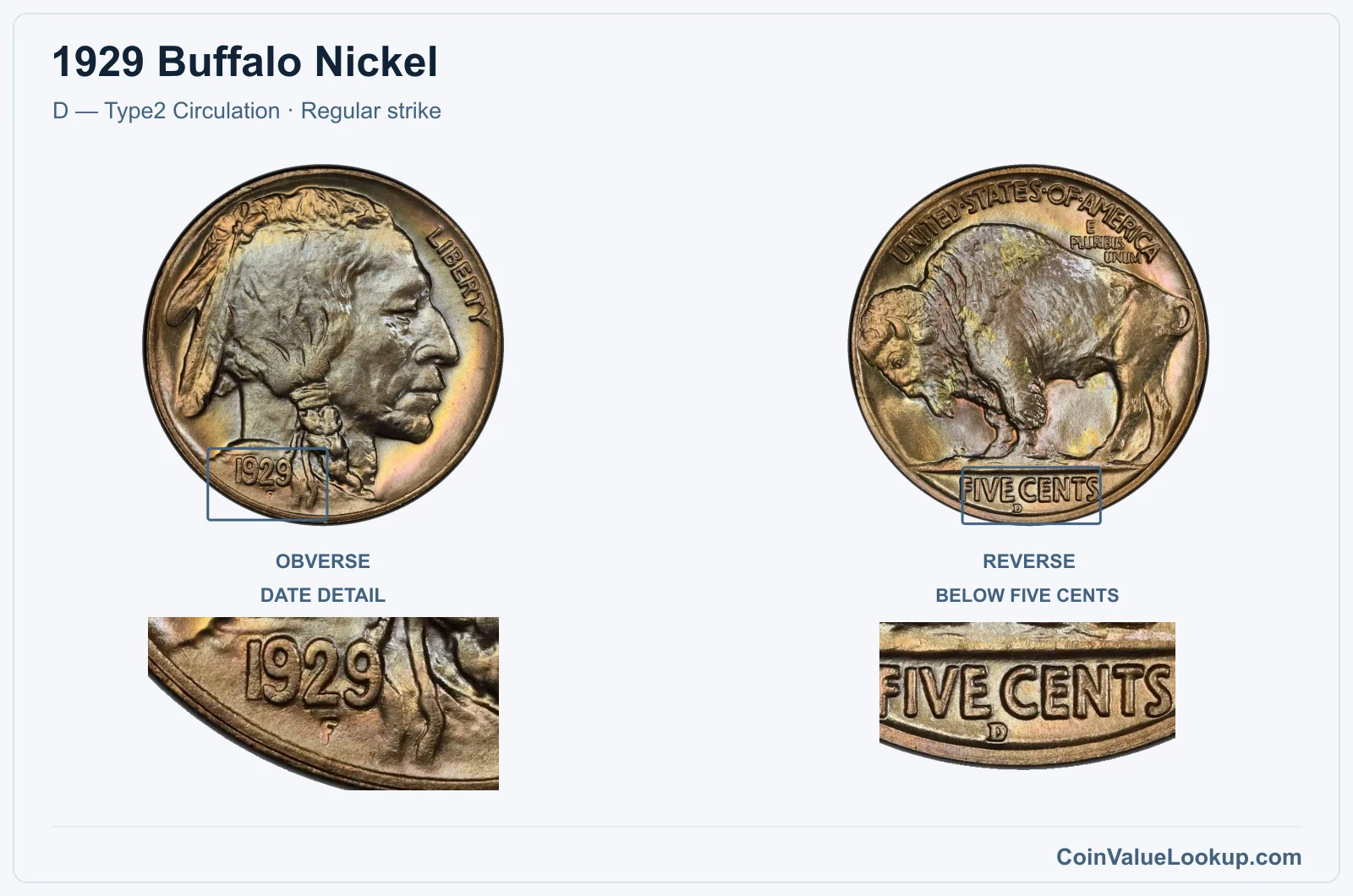 1929 Buffalo Nickel Coin — D — Type2 Circulation, obverse and reverse, with date and mint-location details