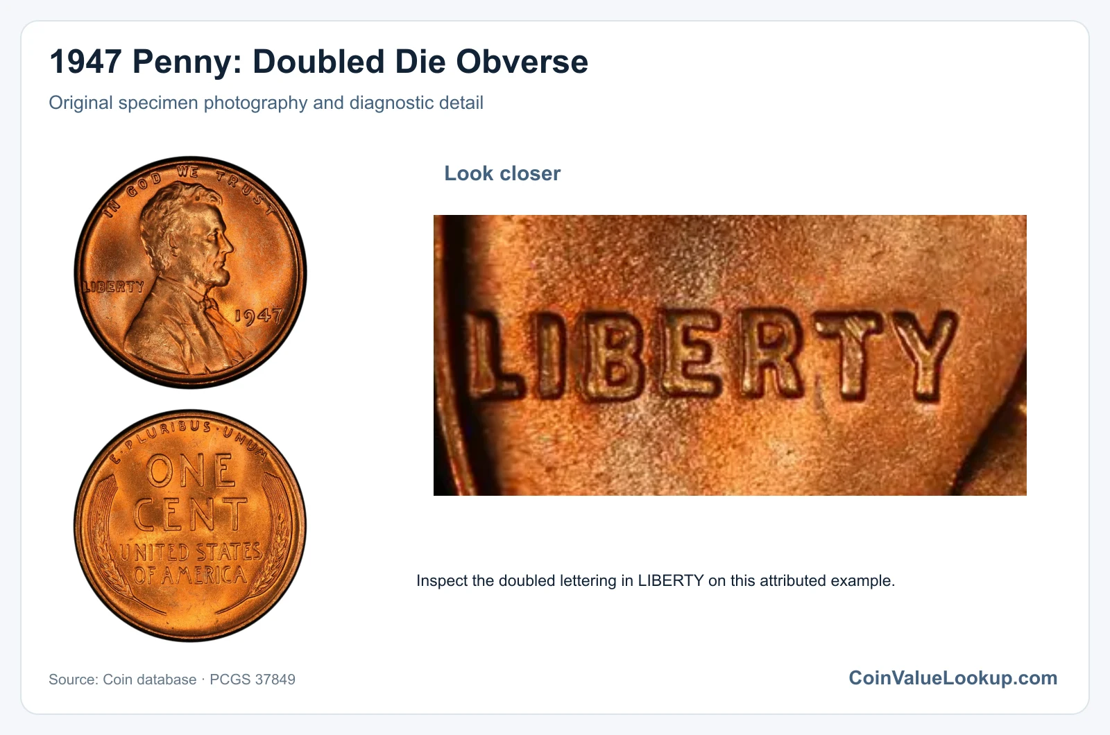 1947 Penny: Doubled Die Obverse with diagnostic detail