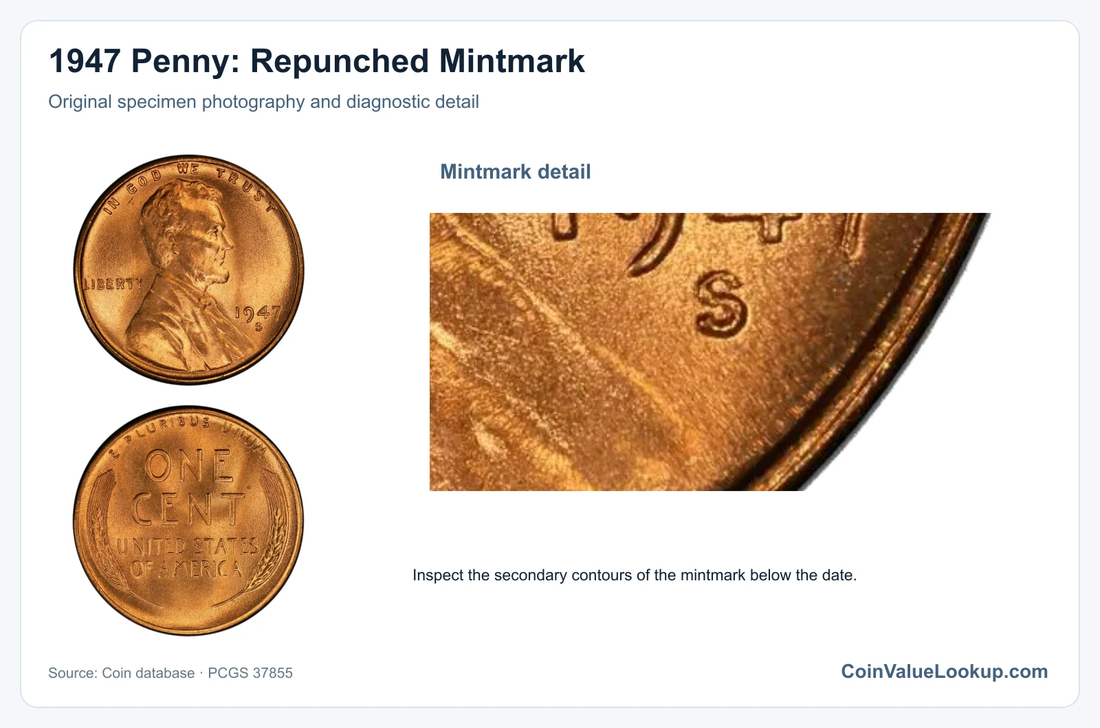 1947 Penny: Repunched Mintmark with diagnostic detail