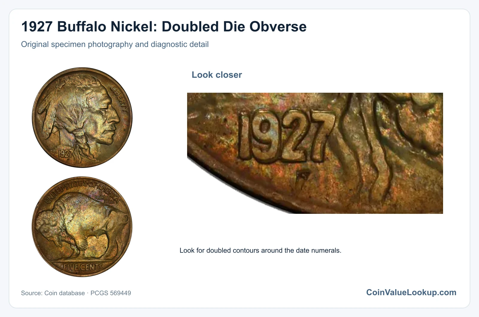 1927 Buffalo Nickel: Doubled Die Obverse with diagnostic detail