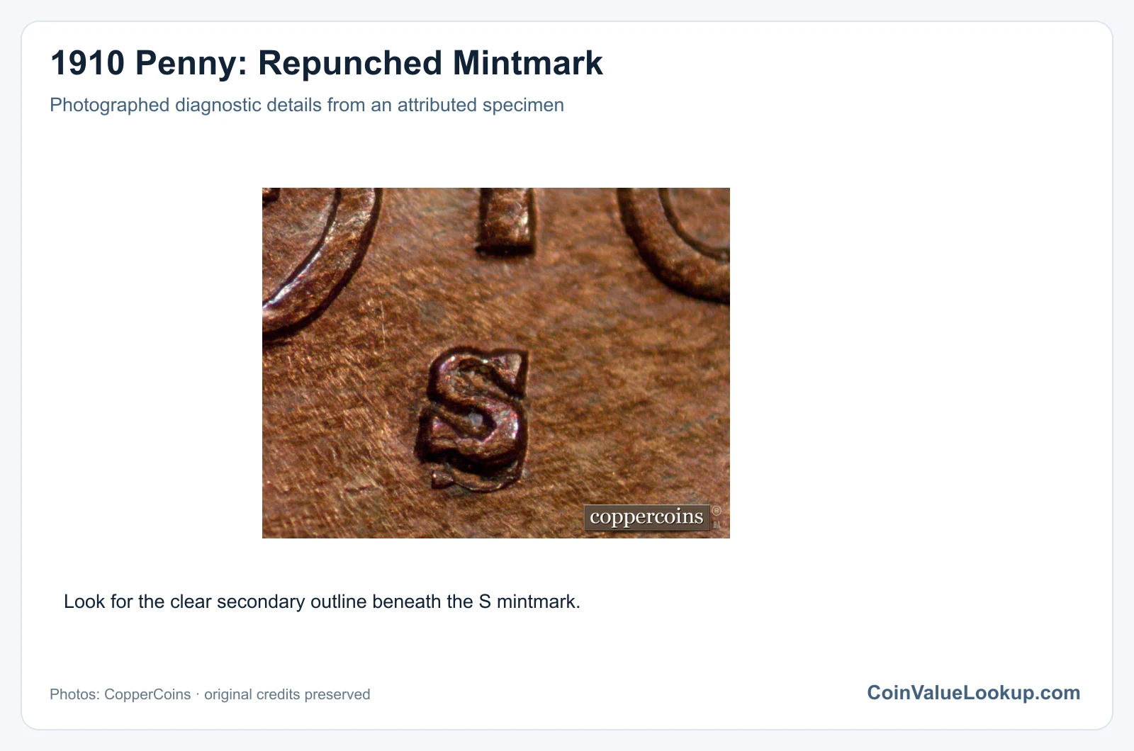 1910 Penny: Repunched Mintmark with diagnostic detail