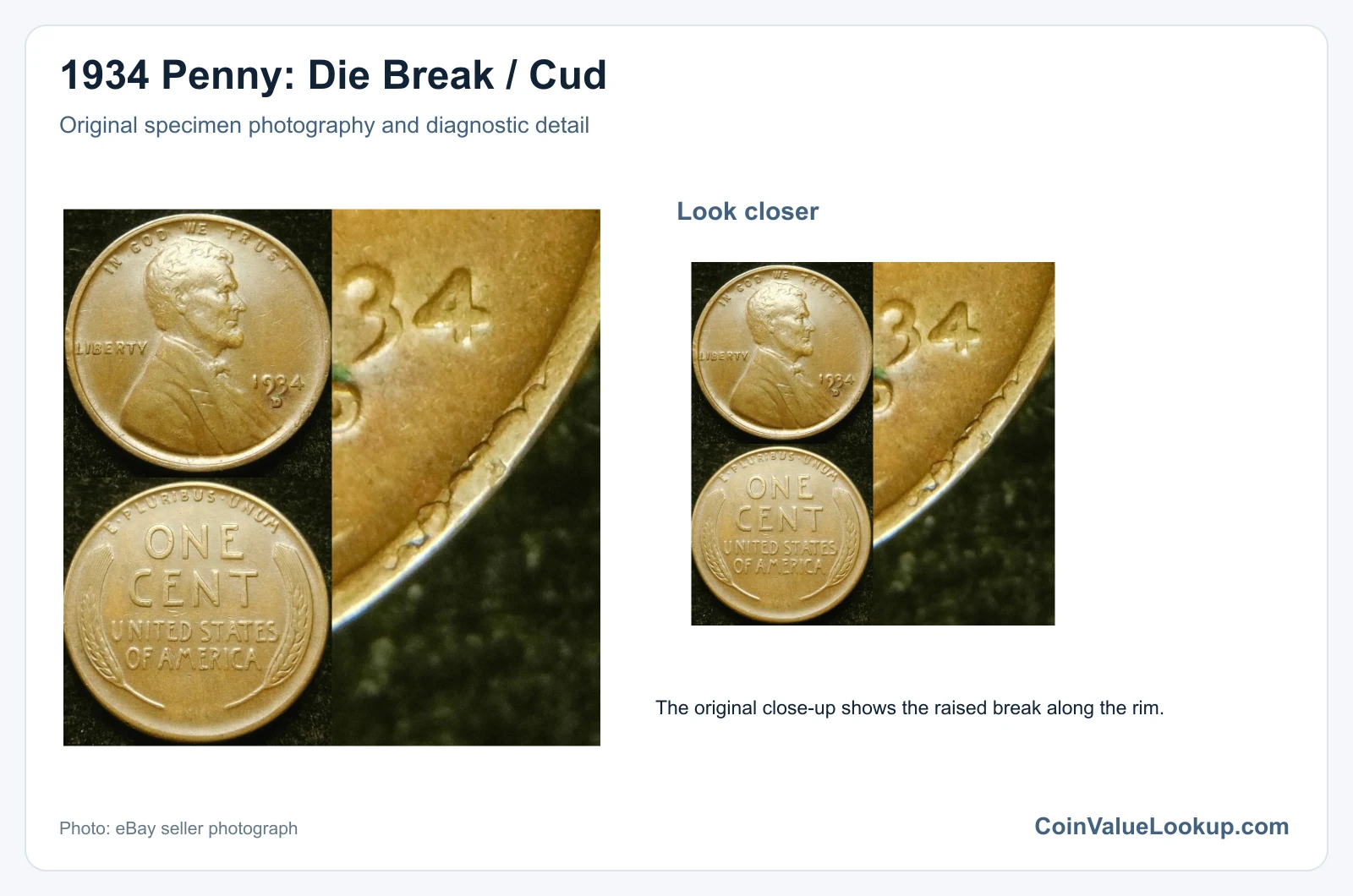 1934 Penny: Die Break / Cud with diagnostic detail