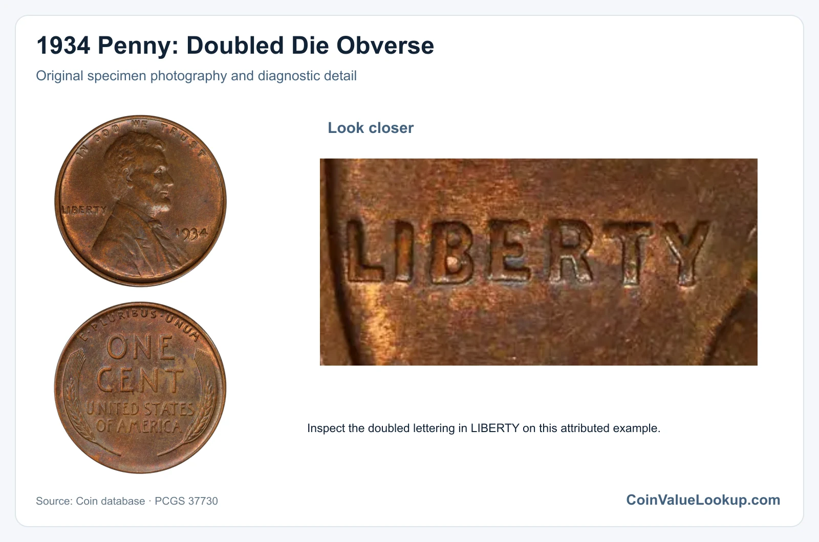 1934 Penny: Doubled Die Obverse with diagnostic detail