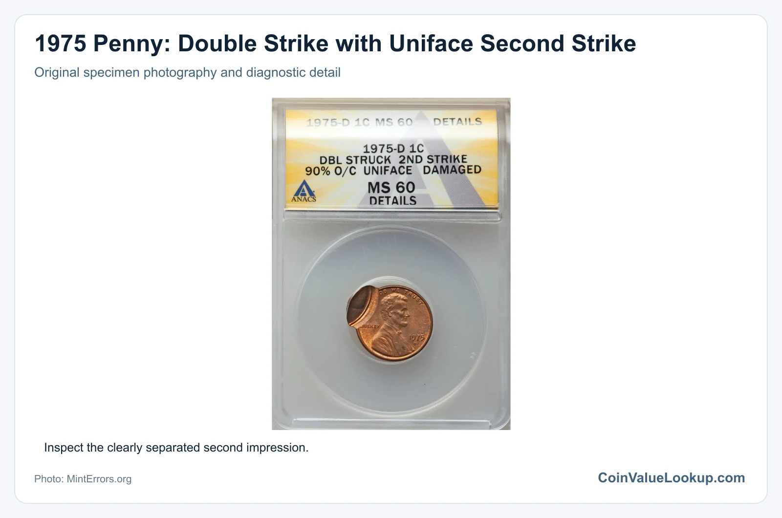 1975 Penny: Double Strike with Uniface Second Strike with diagnostic detail