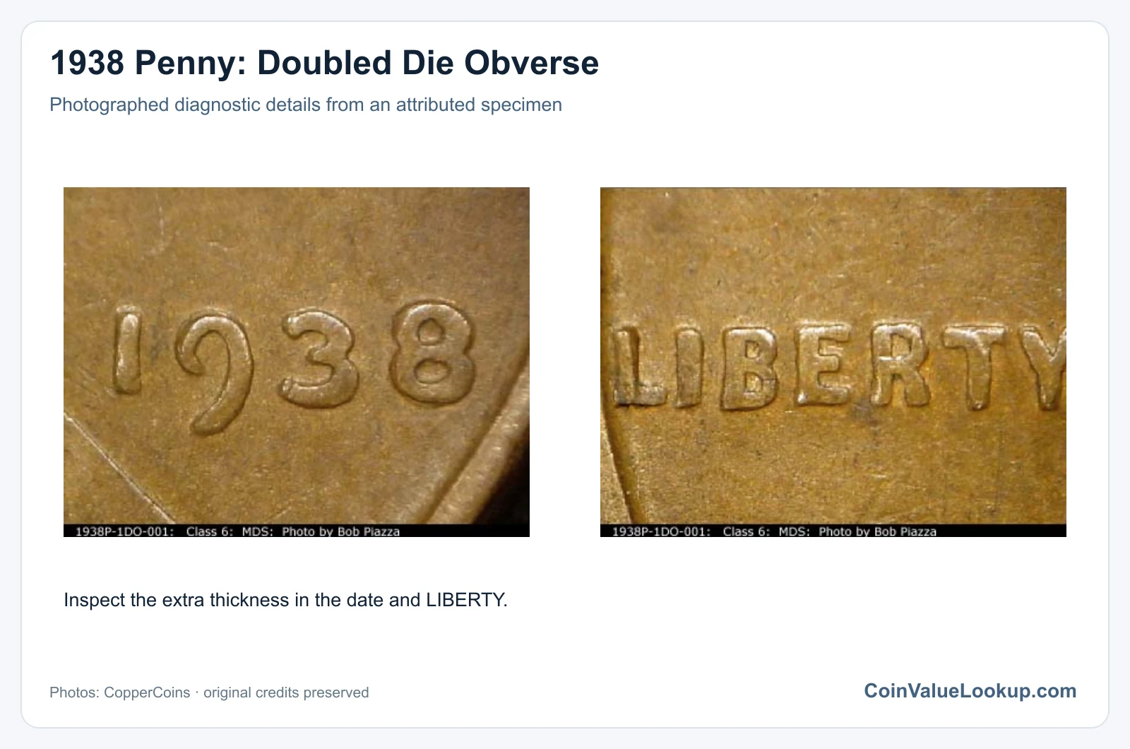 1938 Penny: Doubled Die Obverse with diagnostic detail