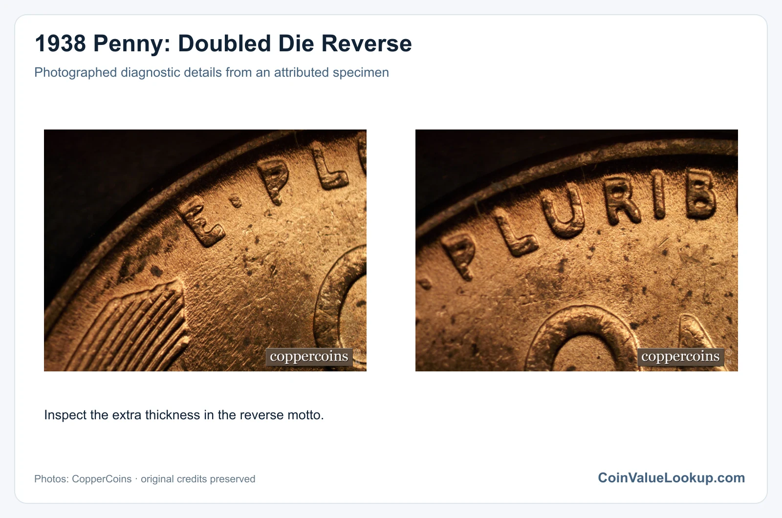 1938 Penny: Doubled Die Reverse with diagnostic detail