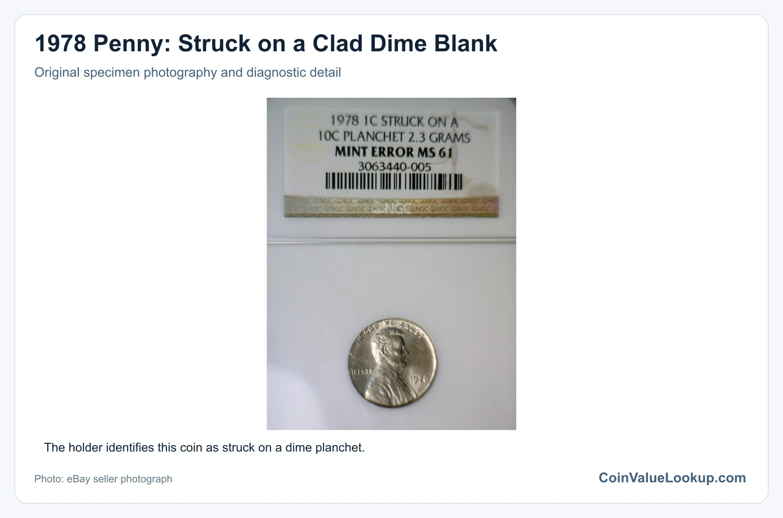 1978 Penny: Struck on a Clad Dime Blank with diagnostic detail