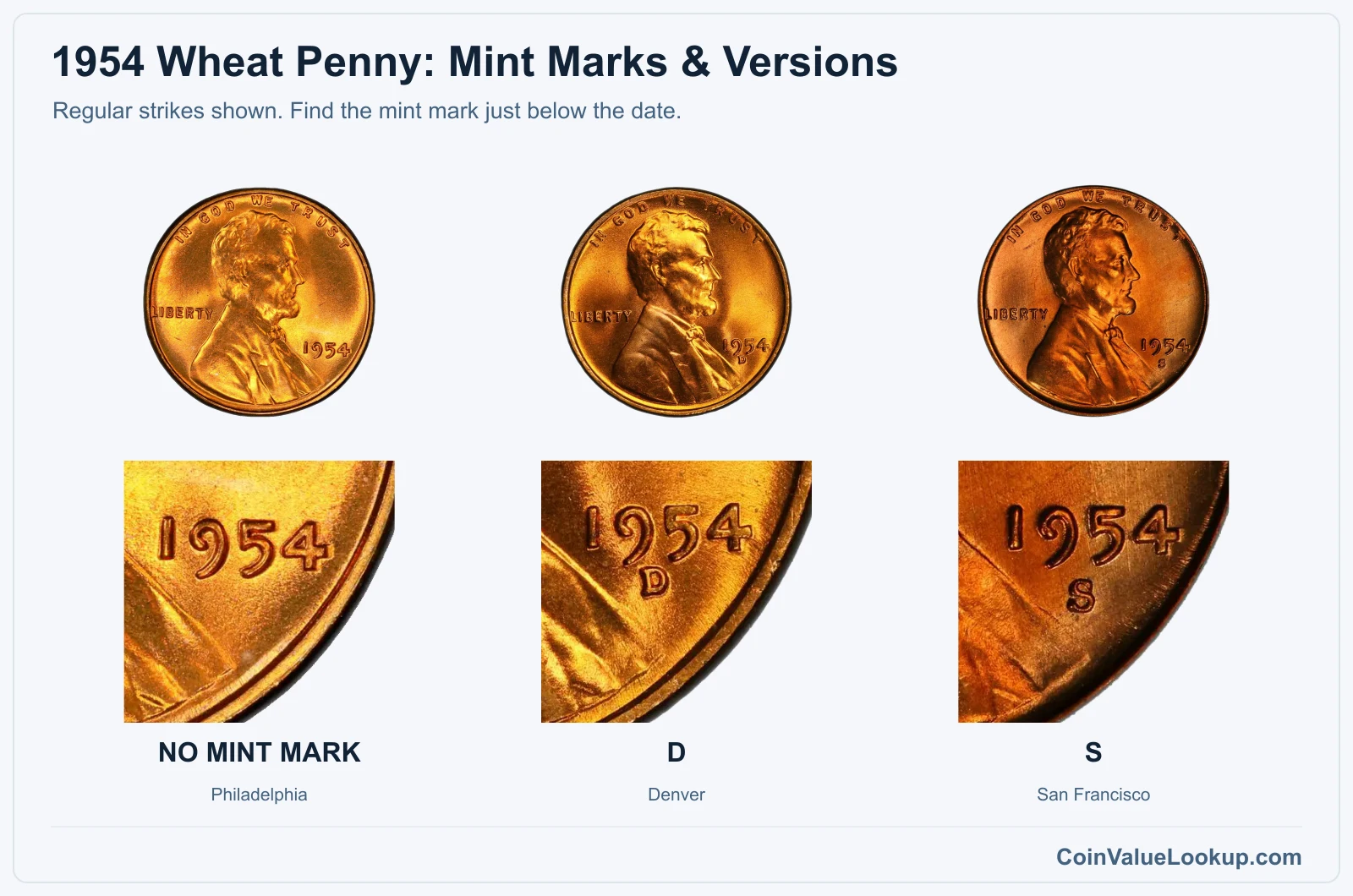 1954 Wheat penny regular-strike mint and date closeups