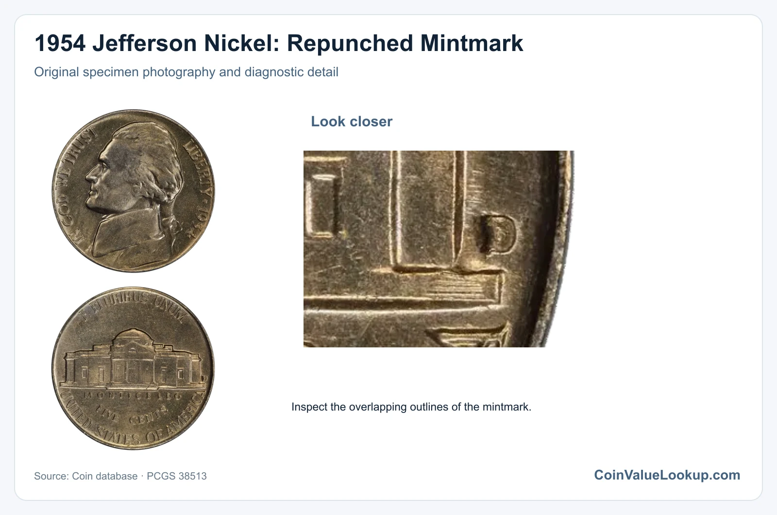 1954 Jefferson Nickel: Repunched Mintmark with diagnostic detail