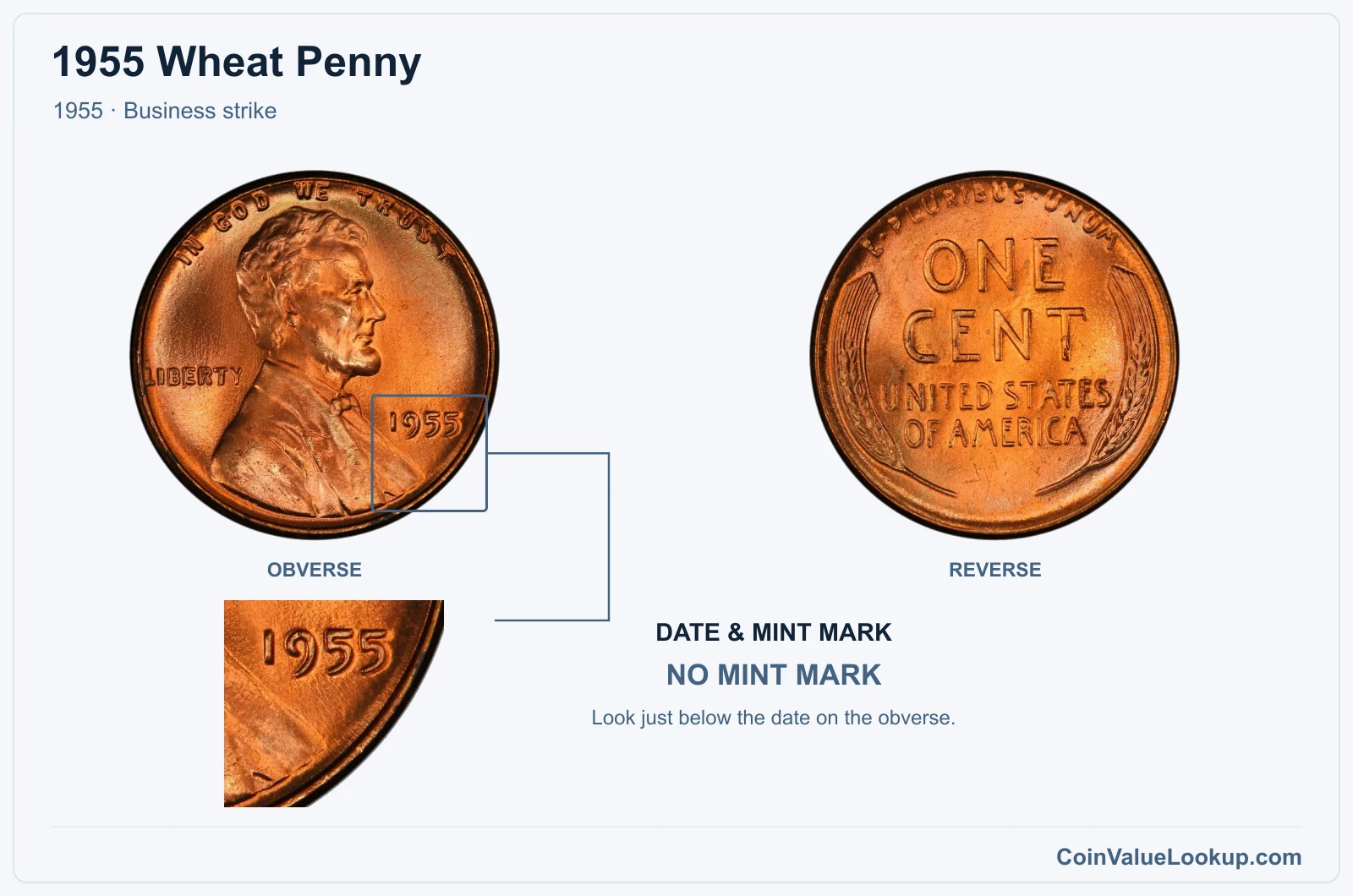 1955 Wheat Penny Coin — 1955, obverse and reverse, with date and mint-mark close-up
